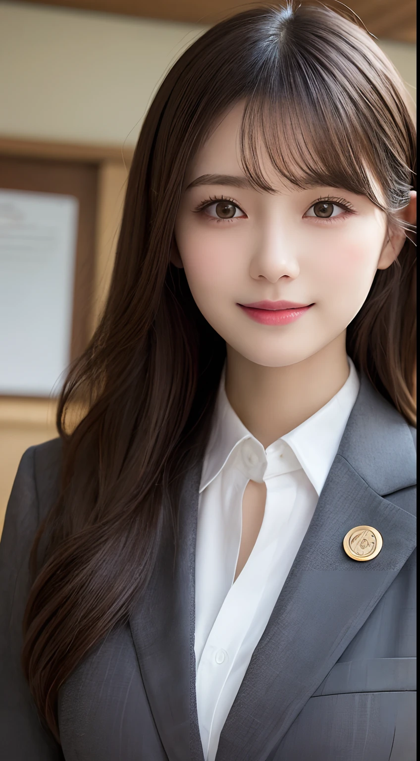 masutepiece, Best Quality, Illustration, Ultra-detailed, finely detail, hight resolution, 8K Wallpaper, Perfect dynamic composition, Beautiful detailed eyes, suits,Medium Hair, Natural Color Lip, Random and sexy poses,Smile,Classroom、20 years girl、lifelike face、real looking skin、Realistic eyes、cute little