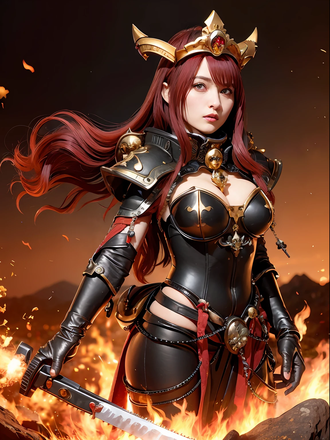 (masutepiece), Professional , ​masterpiece、top-quality、photos realistic , depth of fields （Gemstone Black Metal Body:1.９),(Matte Black、Jewel Gold Weapon（Jewel Metal Body:1.４),Gorgeous Silver Weapons ,（（ The Devil's Dense and Gorgeous Sword）） , Beautiful knife   ,warhammer 40k , adepta sororitas,Detail and ornate jewel crown、（（Red hair））、（（Gangle's forest background））、Beautiful Caucasian beauty、１a person、dynamic ungle,(((Detailed and ornate black devil crown)))、Smaller head、A smile、Background inside the castle、Thin and beautiful female hands、cleavage of the breast、Soldier in iron armor on background、Mystical expression、Light Effects、intense fighting、Wind-effect、magic circles、With the legendary magic wand、（demonic wings）、