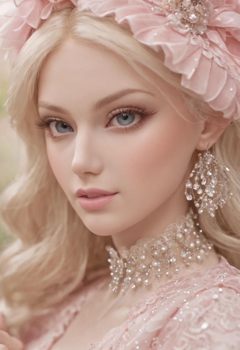 A real person like a Barbie doll,Dream scene,Depiction of delicate details,dream colors,Unique art style。