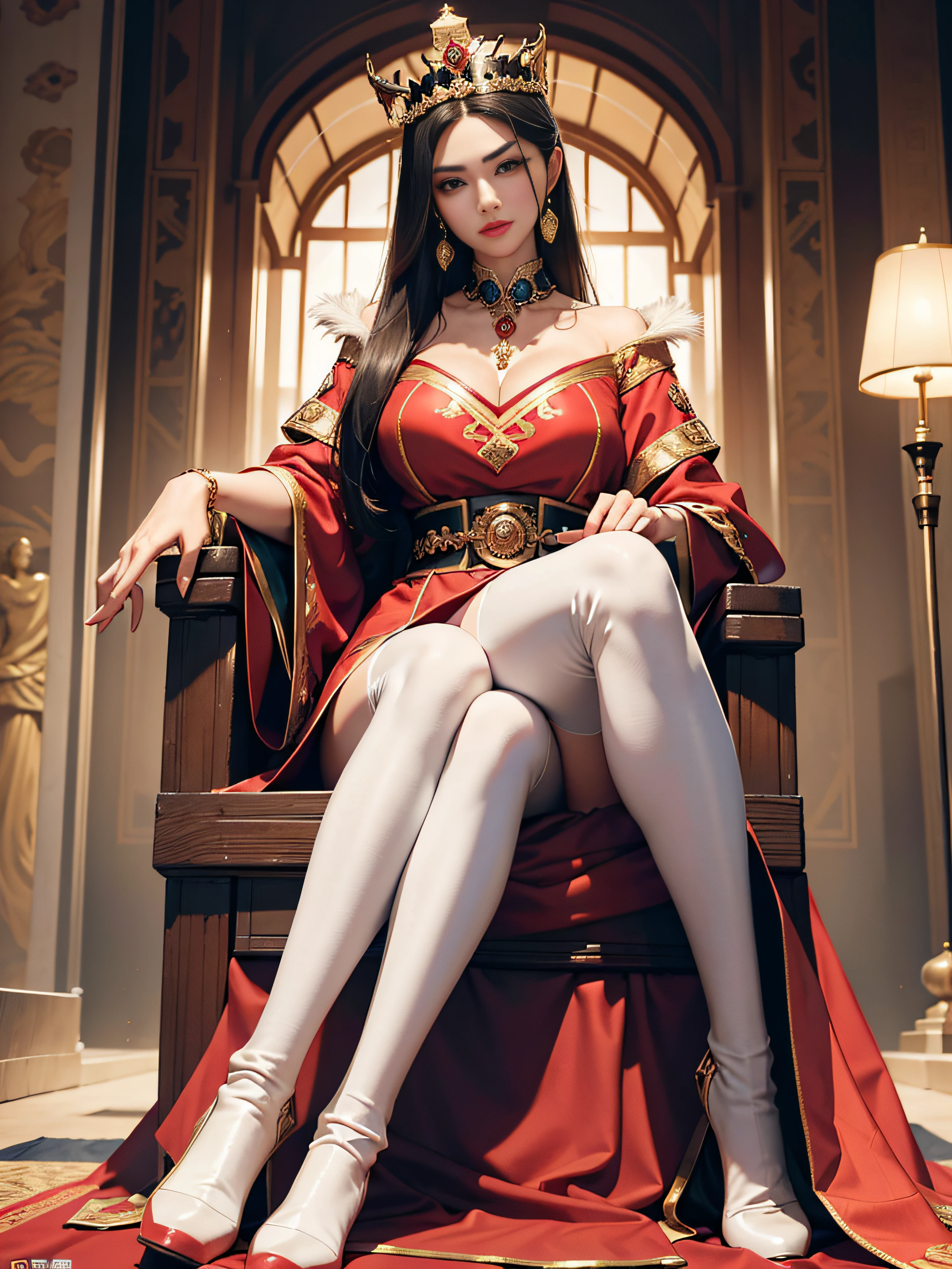 a mature female,Oriental women,Emperor,A queen,tmasterpiece,best qualityer,Fine and detailed eyes and detailed face,garments:Wearing royal dragon robes,Wearing a phoenix crown on his head,Wear straight boots,The collar leaks over the knee white socks,allure:full bodyesbian,Melon seed face,Full cheeks,The bridge of the nose is high,Slender eyebrows,Big and God's eyes,Straight height,Apply lipstick,haughty、A majestic countenance,Beautiful face,Full-figured,Scenes:Inside the ancient royal palace,ancientry。