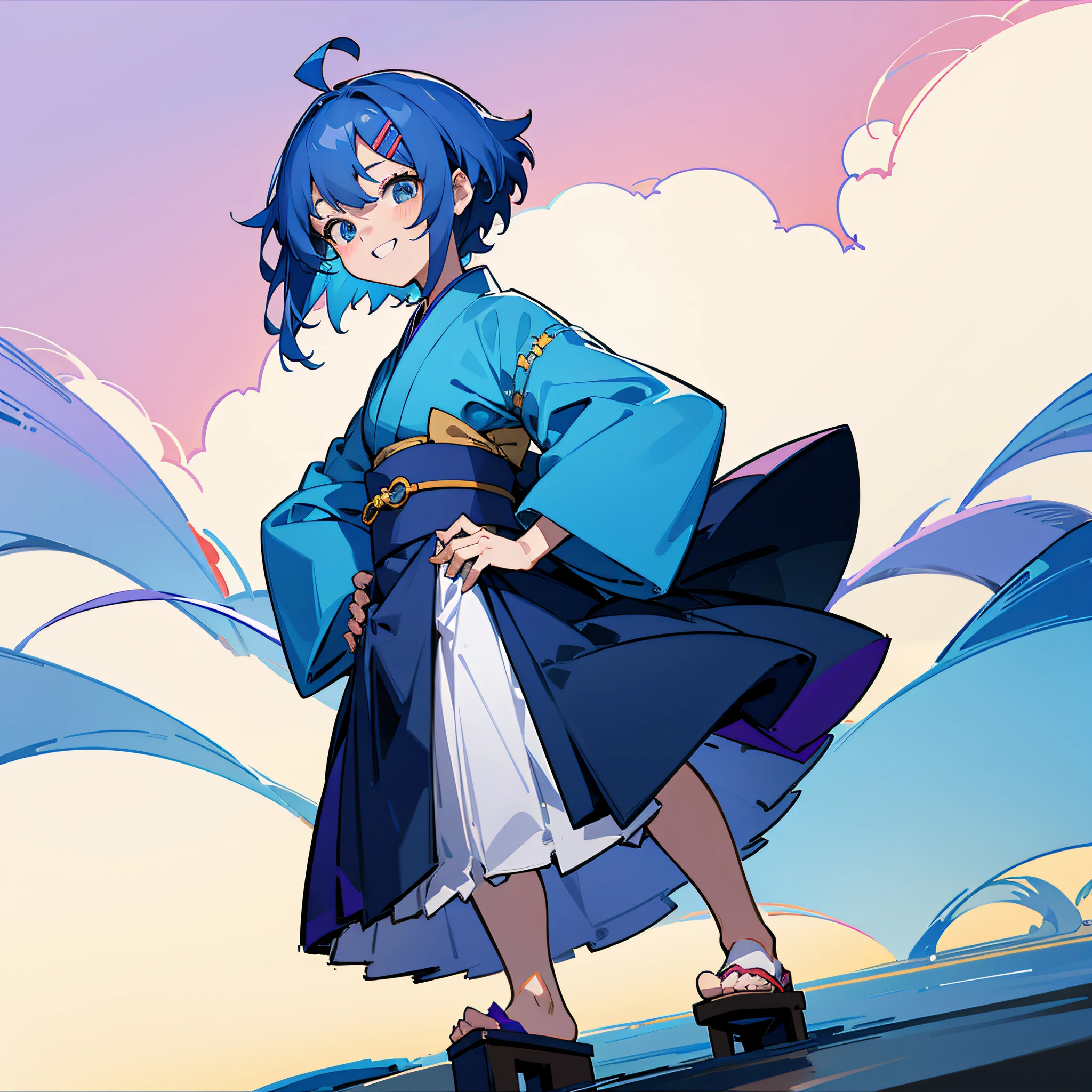 {best quality}, {{masterpiece}}, {highres}, original, extremely detailed 8K,full body,solo,tachie, {{simple background}} ,1 loli, {{laugh}},short hair,hair between eyes,ahoge,blue hair,hairclippurple kimono,geta,hairclip,no breast,laugh,standing,hands on hip,ninja,