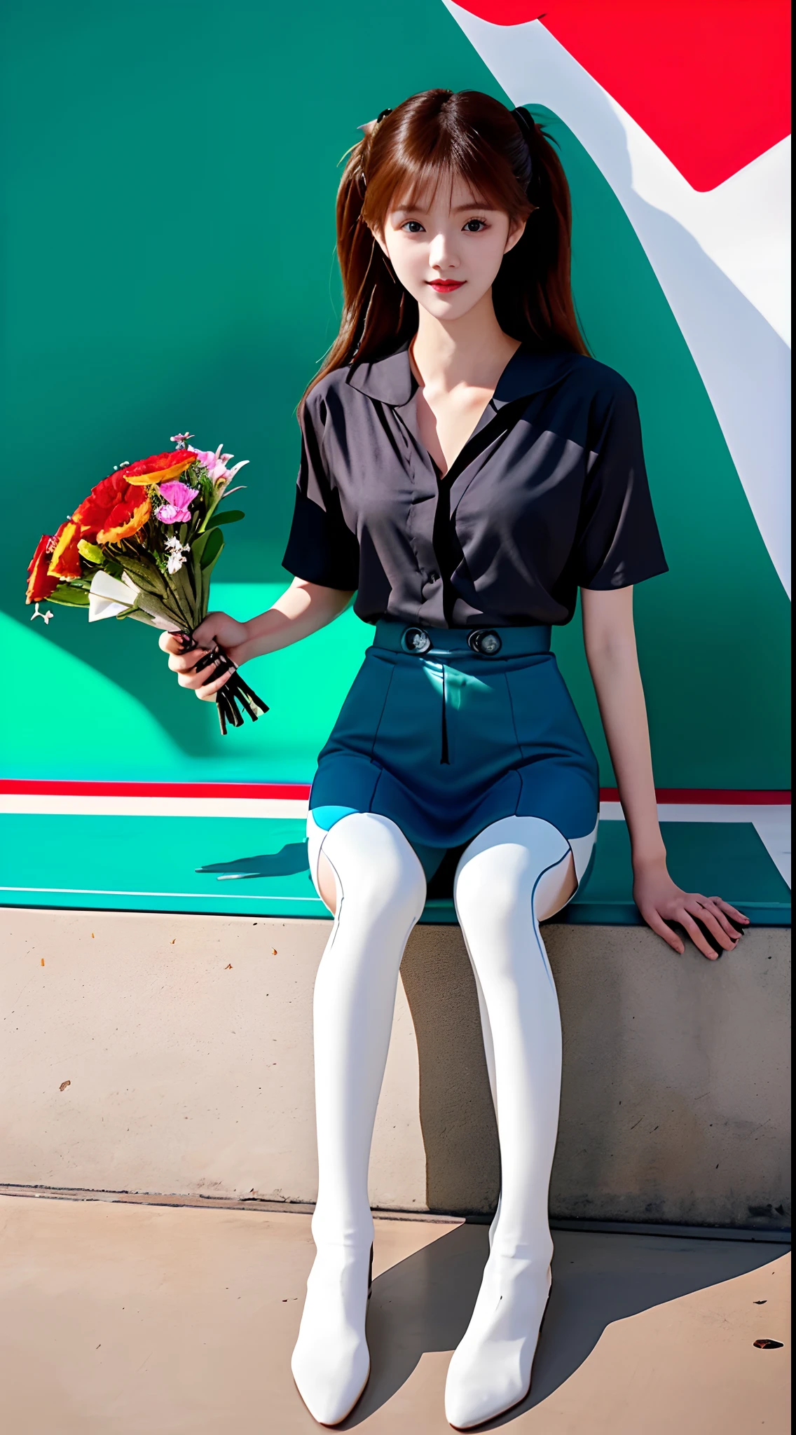 There was a woman sitting on the floor,holds a bouquet of flowers,smooth white tight clothes suit,ulzzang,In white clothes,sakimichan,Gorgeous young woman,the Sun Shining,Kizi,Popular on CGSTATION,cute women,Beutiful women,Popular on CGSTATION,cute cute,beautiful young korean woman