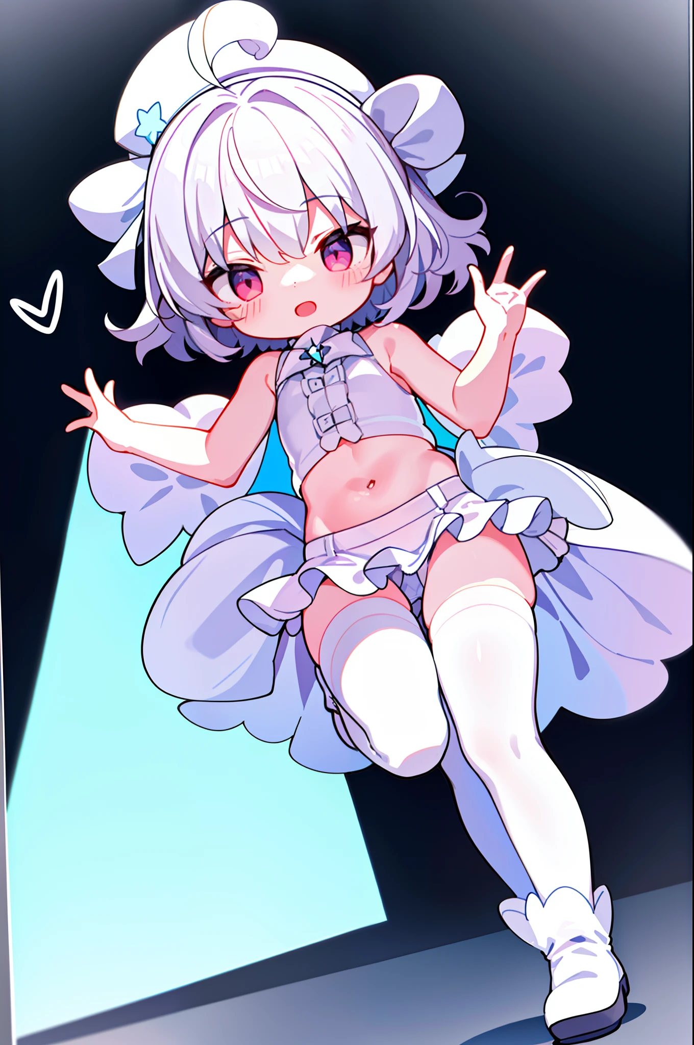 A 3--old in a young class(Solo exhibition))),Prostitution juveniles,full bodyesbian,are standing,Fleshy legs,white stockings,Cute white background, (Speaking heart:1.4)
