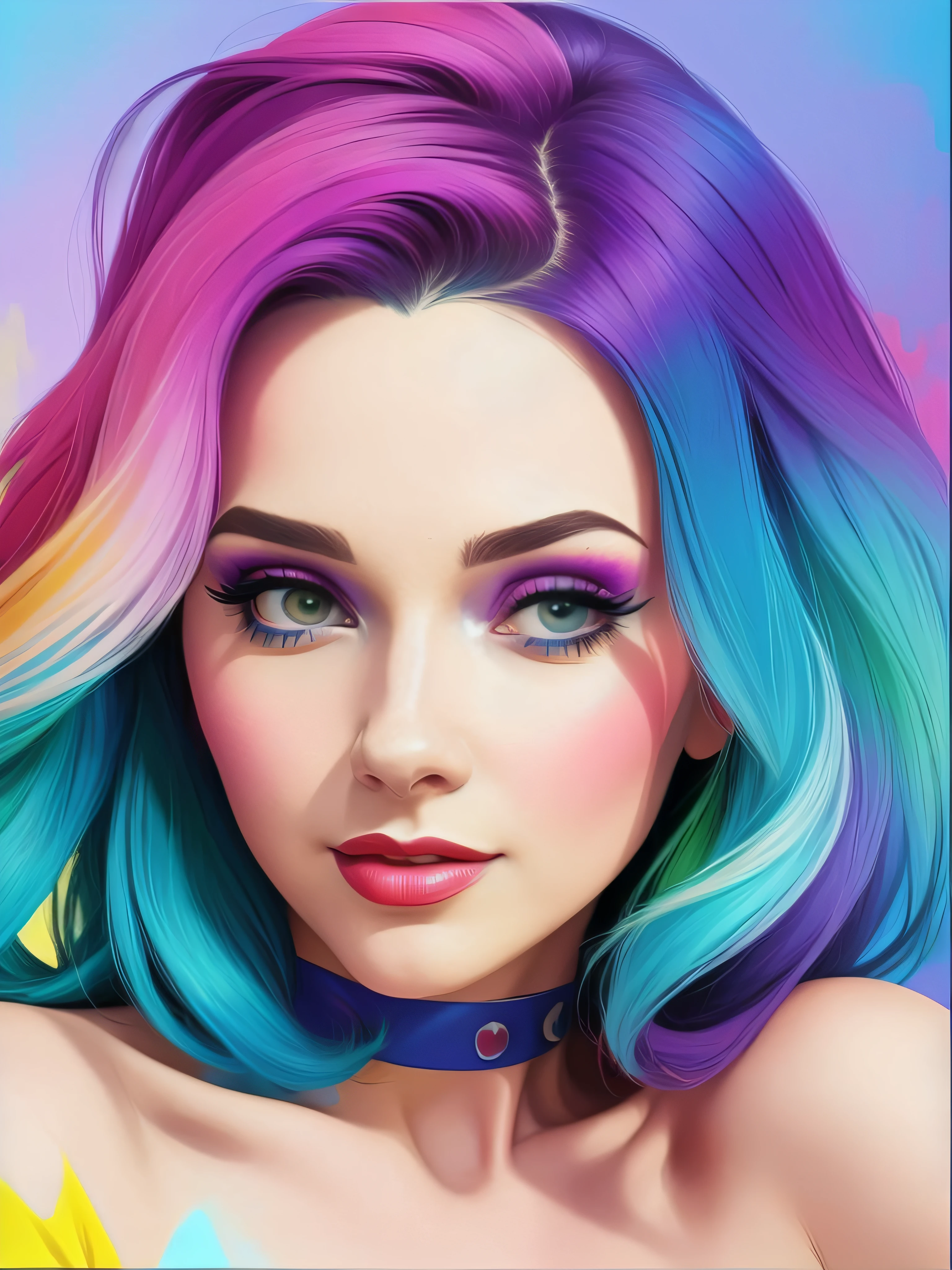 um close up de uma mulher com cabelo colorido e maquiagem, pintura digital colorida, arte digital colorida, Arte digital realista 4K, Arte digital realista 4K, Arte colorida, desenho animado vibrante, arte de fantasia digital colorida, pintura digital vibrante, linda arte digital, Arte bonita UHD 4K, arte digital 4k