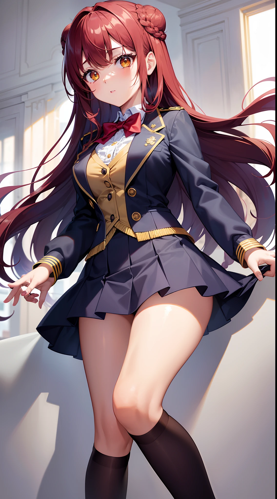 top-quality、high-level image quality、Super delicate、The whole picture、Beautiful girl with fair skin like a doll、red brown hair、It is braided into a bun at the back.、bright yellow eyes、long lashes、big eye、Navy blue blazer uniform、small tits、a miniskirt、Black Knee High Socks、academy、timid