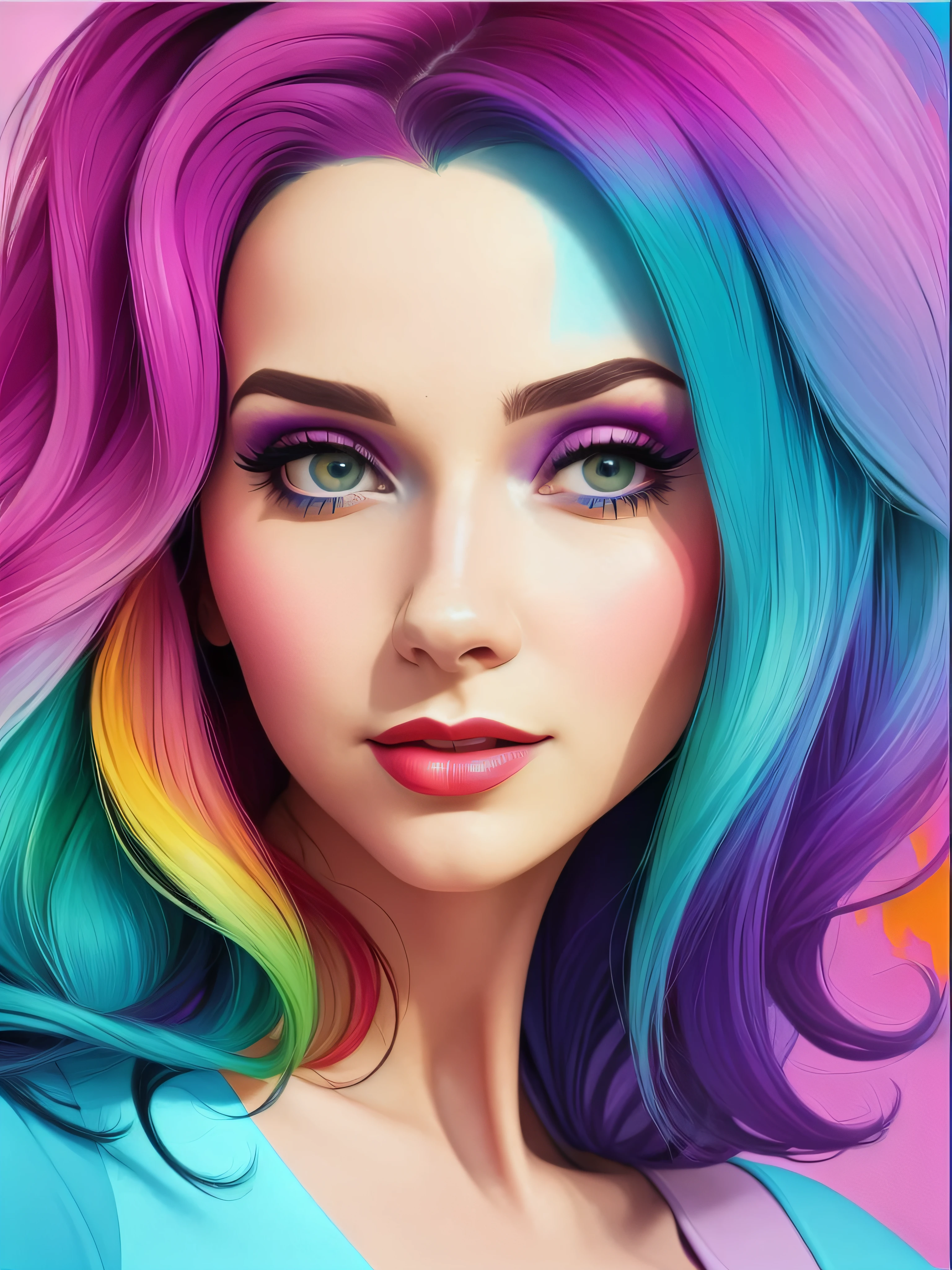 um close up de uma mulher com cabelo colorido e maquiagem, pintura digital colorida, arte digital colorida, Arte digital realista 4K, Arte digital realista 4K, Arte colorida, desenho animado vibrante, arte de fantasia digital colorida, pintura digital vibrante, linda arte digital, Arte bonita UHD 4K, arte digital 4k