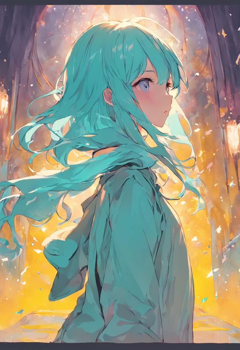 Bright Tiffany blue background、Young yellow clothes are modern。Future、a sorceress。silber hair、Pink and yellow hair、silhuette、Tiffany color light background、Rear view、Image of AI magician、modern、