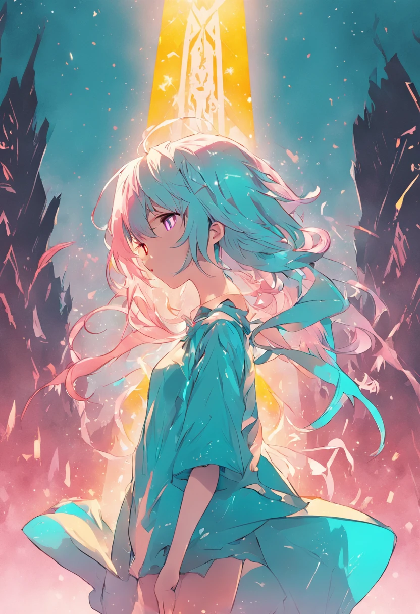 Bright Tiffany blue background、Young yellow clothes are modern。Future、a sorceress。silber hair、Pink and yellow hair、silhuette、Tiffany color light background、Rear view、Image of AI magician、modern、