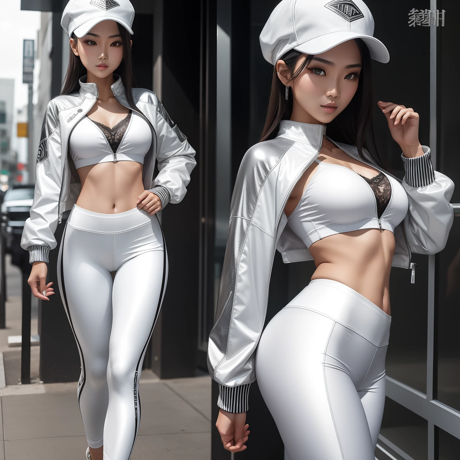 Asian female model, fit slim body, silver metallics jacket, white leggings lace, white cap.