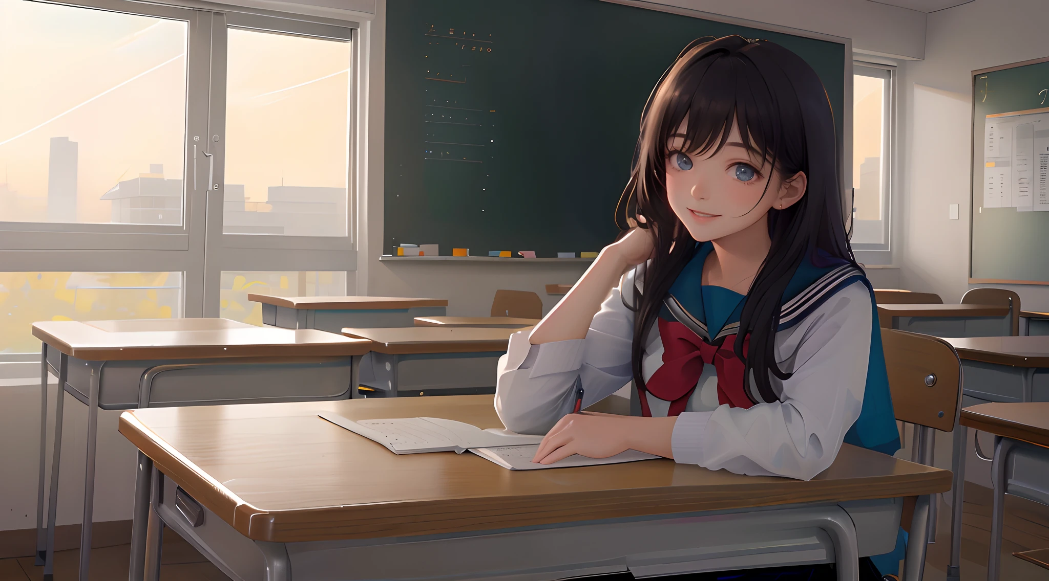 Anime girl sitting at a desk in a classroom with a book - SeaArt AI