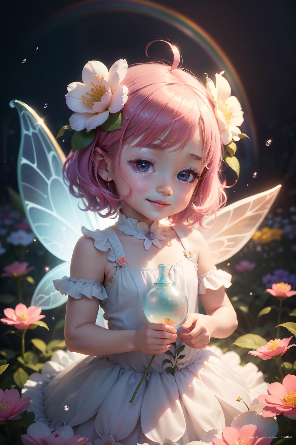 Cute Chibi Anime,pink there,bloo,White the, (Wearing flower fairy wings:1.8)Lots of flowers flutter,Flower Storm,closing eye,splatters.