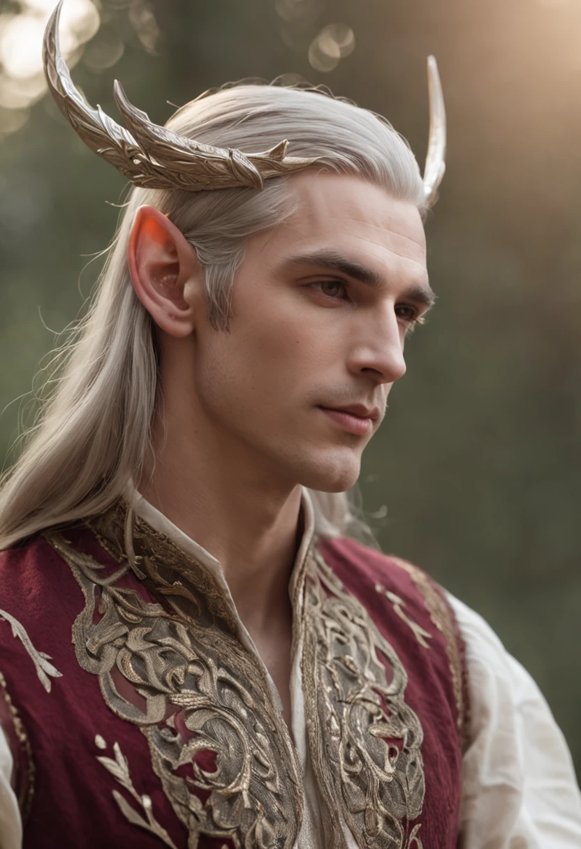 Male Elven Prince,handsome and attractive,Long ears,A noble atmosphere,Shine brightly,As graceful as a swan,Charming eyes,Flowing hair,adorned in majestic attire,graceful stance,Natural background,mystical forest,A romantic scene embellished with stars