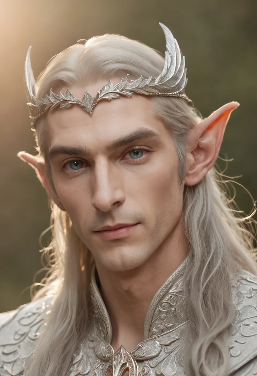 Male Elven Prince,handsome and attractive,Long ears,A noble atmosphere,Shine brightly,As graceful as a swan,Charming eyes,Flowing hair,adorned in majestic attire,graceful stance,Natural background,mystical forest,A romantic scene embellished with stars