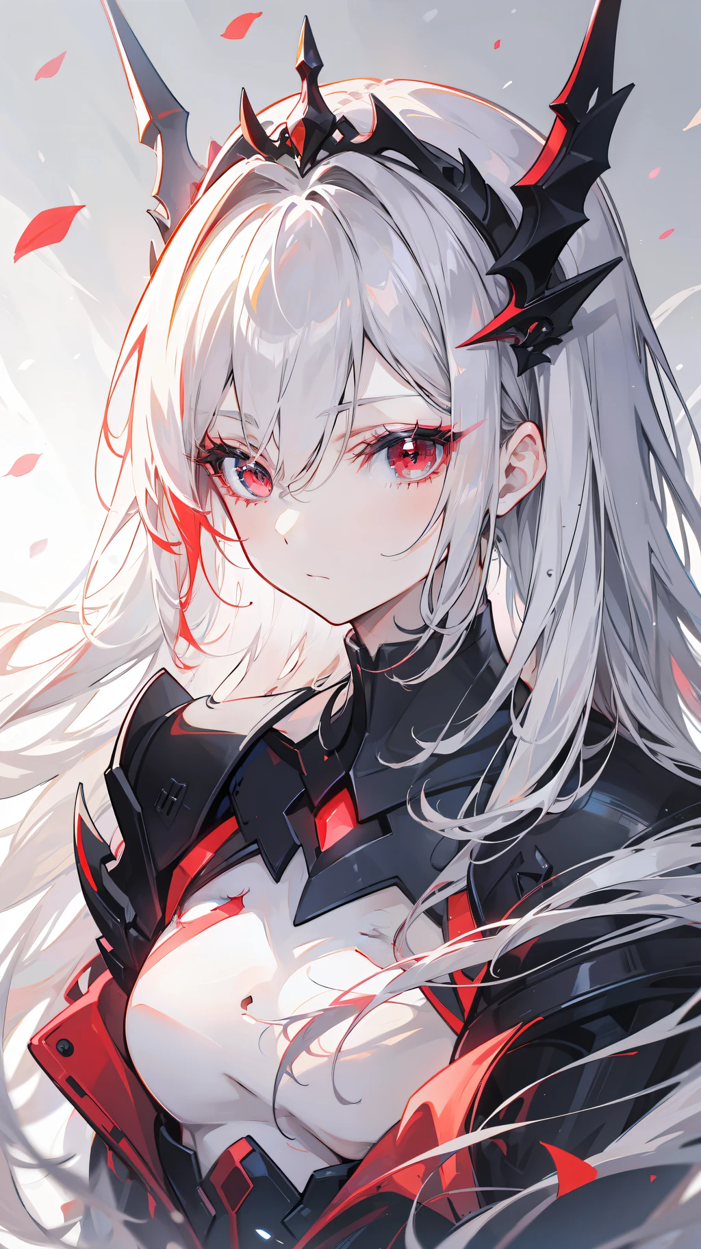 half-body,A girl,cabelos preto e longos,Delicate red eyes,diadem,Detailed eyes,eyelash,Red Eyeshadow,textured skin, high details, super detail, 16k