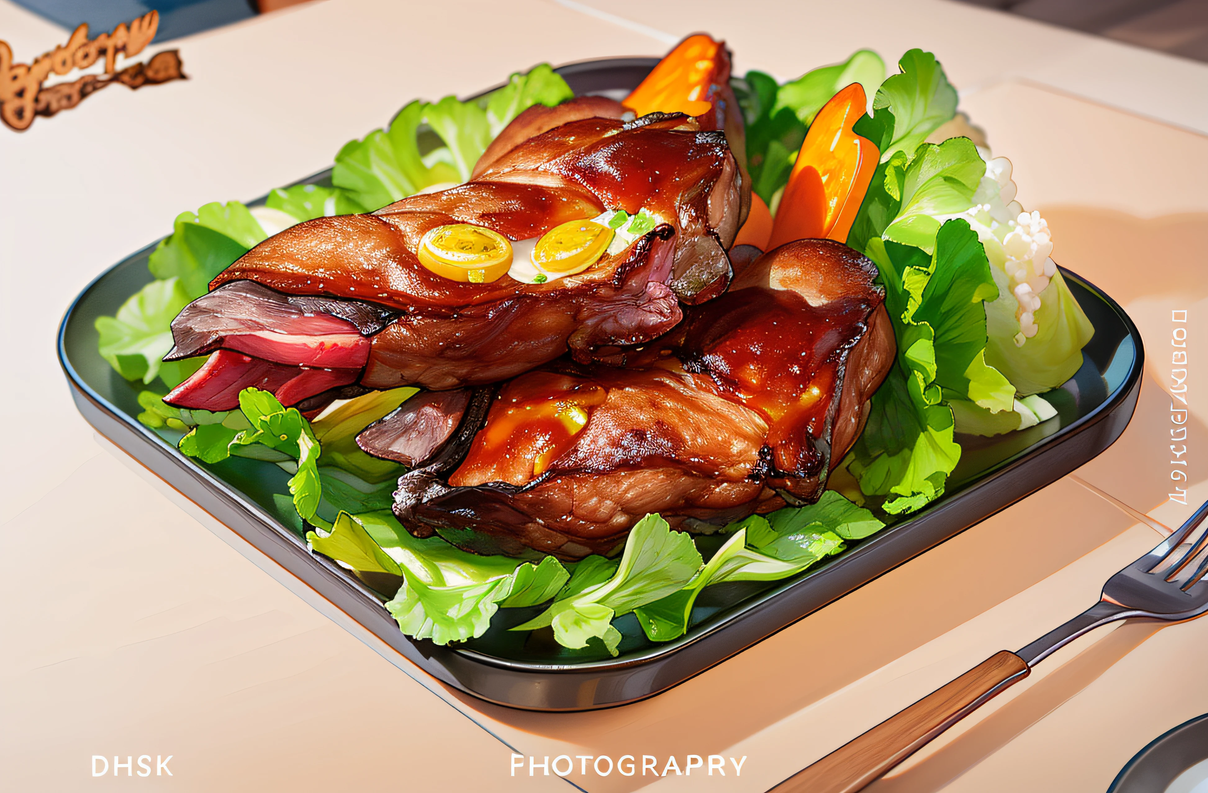 There was a plate of food,It has sheep's feet and vegetables on top, high quality food photography, Braised meat, hd food photography, Food illustration, 4 k food illustration, 4K food photography, 4k polymer clay food photography, Food illustration, food photography 4 k, Amazing food photography, close up food photography, culinary art photography, food photography gourmet