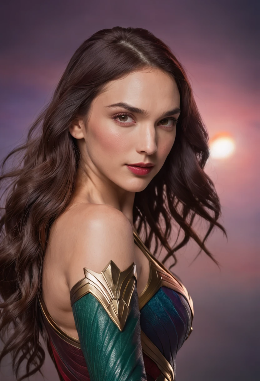 A Hyperrealistic Wonder Woman, Perfect Body, Perfect face, Perfect hands, Perfect, Legs, In a City in Fire, detailed and Intrincicated, bioluminicense, HD