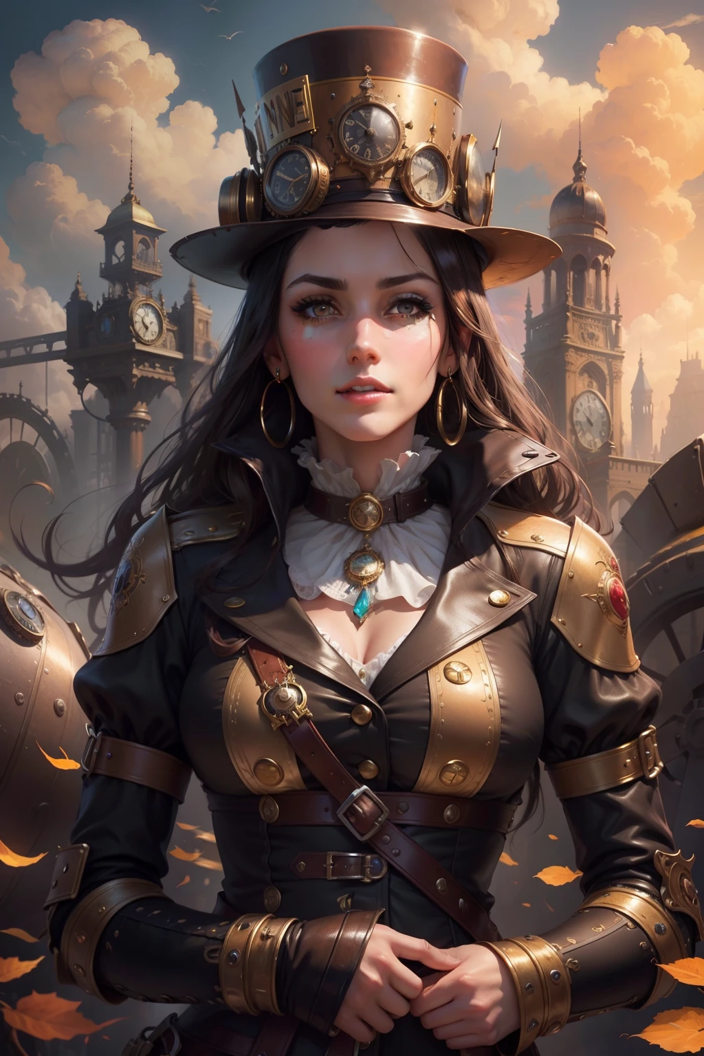 beautiful and sexy woman with long black hair, dressed in steampunk clothing and accessories, realistic skin texture, photorealistic, steampunk city background, --auto --s2