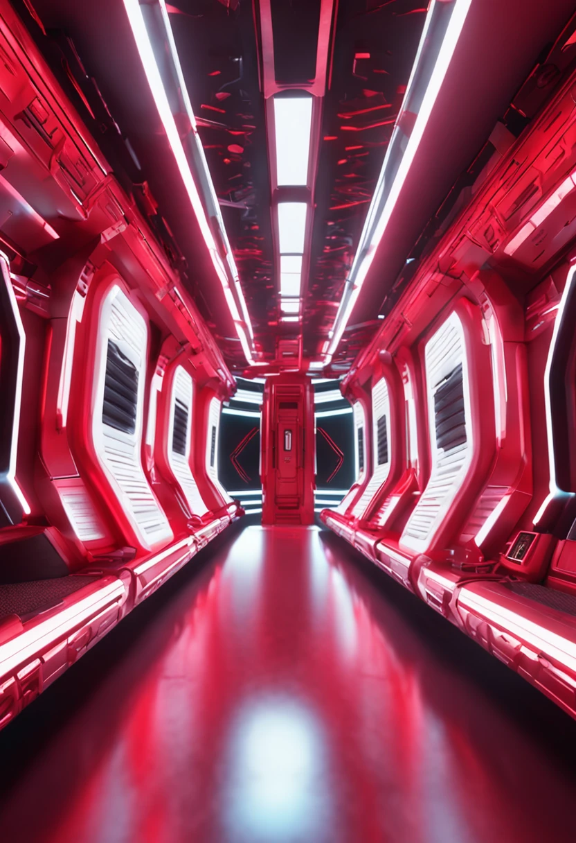 Red spacecraft with white and black, Technology of the future, Fluorescent Neon Light, Realistic details and vivid textures.