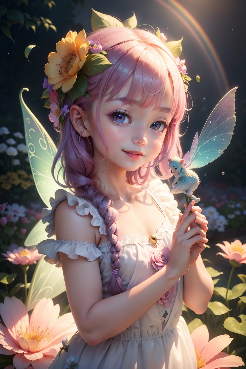 Cute flower fairy baby（flatchest）, happy laughing, Let's be happy, Colorful wings, Hold your shiny wand, in the beautiful garden, sunny clear sky, Splendid rainbow, plethora of colors, Rich in elements, Facial features are super detailed, Ultra-high sharpness、k hd、8K、, multiple views，tmasterpiece, top Quority, best qualtiy, offcial art, Beauty and aesthetics