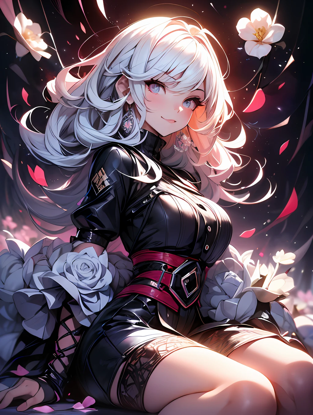 1girl, solo, waist up, white hair, park, sitting, from front, (zentangle, mandala, tangle, entangle), white roses (flower blossom:1.2) official art, unity 8k wallpaper, ultra detailed, aesthetic, masterpiece, best quality, photorealistic, earrings, cinematic lighting, solo, smile,((flying petal)),(Flowery meadow), beautiful (red lens eyes), moonlight, night, (dark theme:1.3), light, fantasy, high contrast, ink strokes, over exposure, purple and red tone impression , abstract, ((watercolor painting by John Berkey and Jeremy Mann )) brush strokes, negative space,