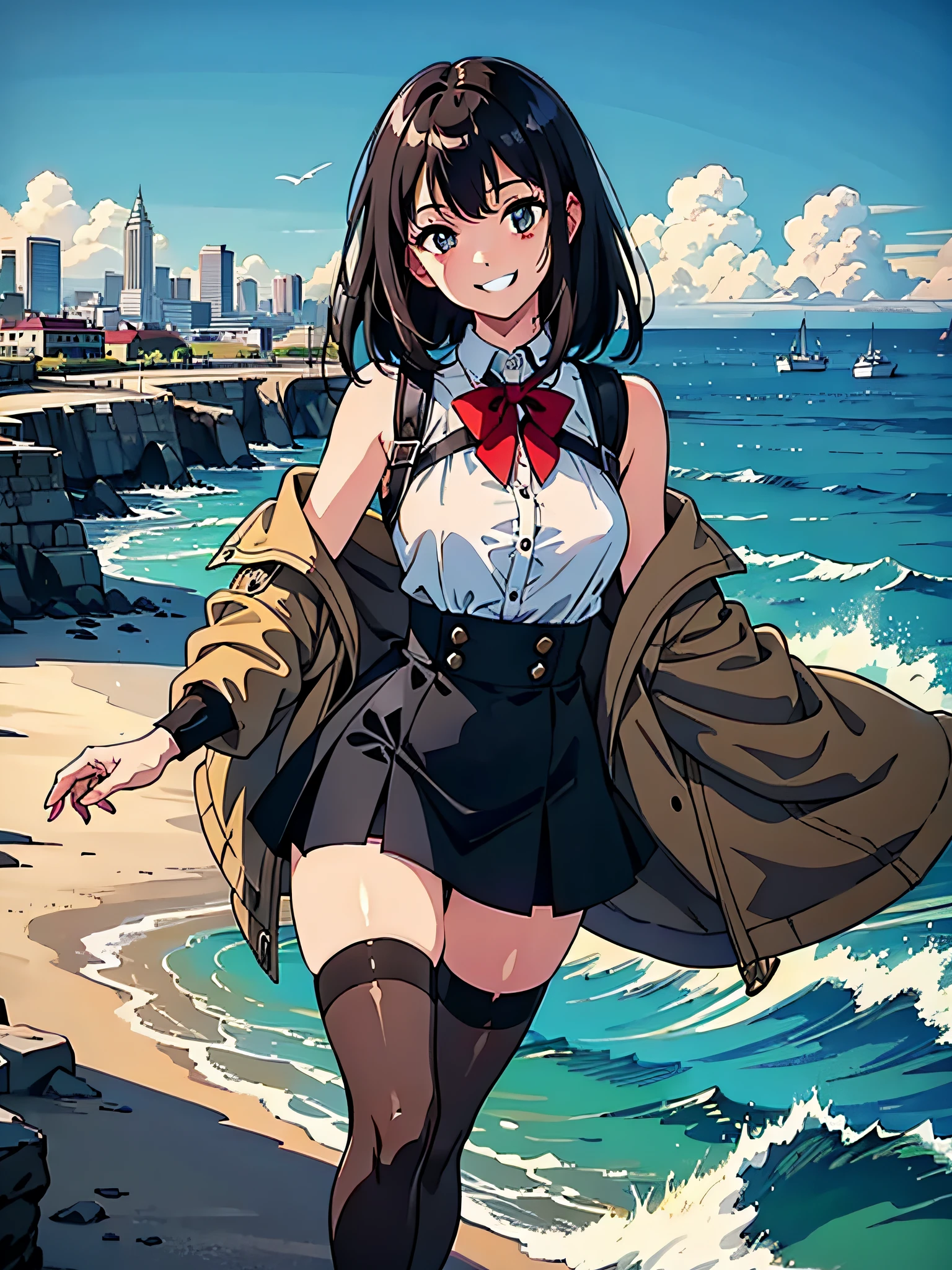 schoolgirl, Brown hair, Medium hair, Sailor suit, (Naked:1.1), Nipples (Blushing:1.0), Detailed face, Roadside, POV crouching，Expose the inside of your legs