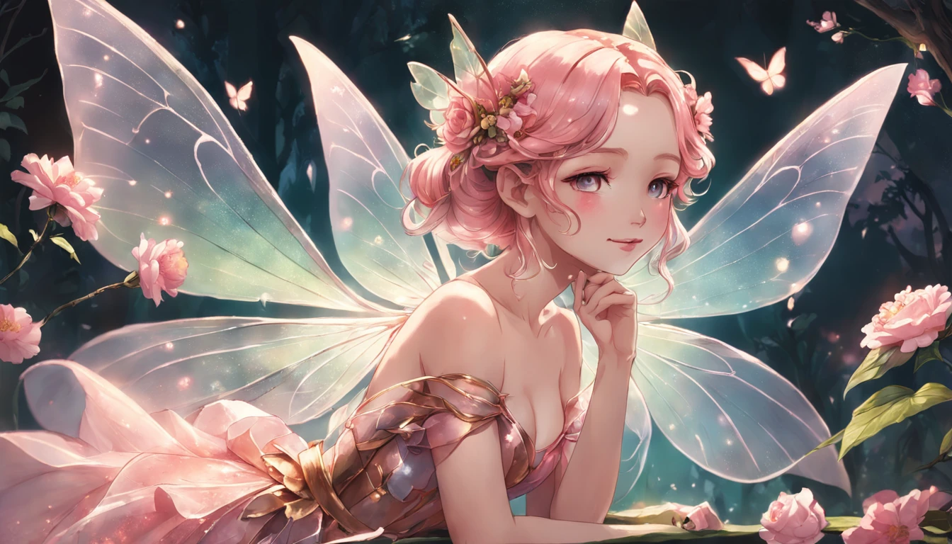 a drawing of a fairy with a rose in her hand,Transparent and lightweight wings like cicada wings,oil shiny skin,Barott style classical garden,Aerial view,Concept art,sky,study of a flower fairy, fairy aesthetics, space flower fairy, faerie, portrait of a fairy, portrait of fairy, smiling as a queen of fairies, queen of the fairies, beautiful fairy, the non-binary deity of spring, fairy queen, elf girl wearing an flower suit, fairylike,Peach blossom, cherry blossom, orchid, hyacinth, plum blossom, rose
