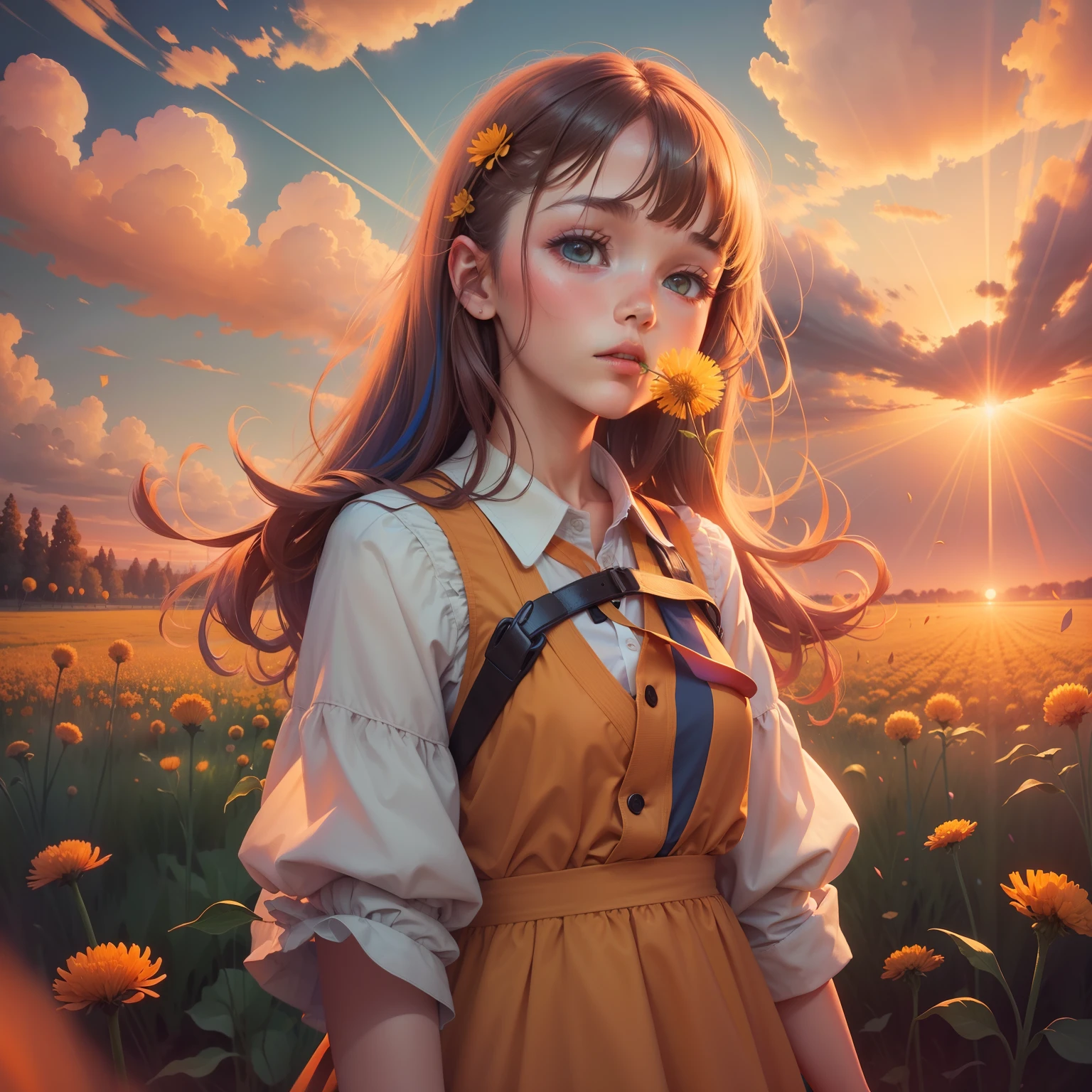 Young girl blowing dandelions in a field overgrown with dandelions at sunset orange colors, Red  blue and lilac colors fill the sky