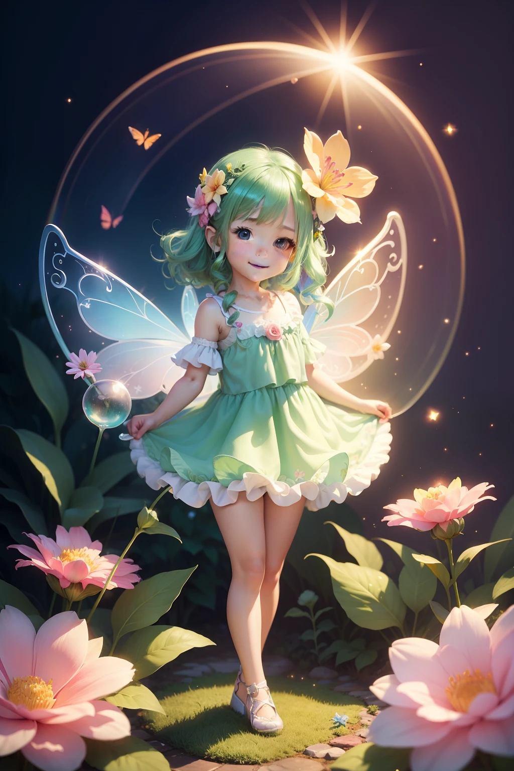 Cute flower fairy ,Take the magic wand,The beautiful fairy with a sense of transparency has a bright smile,Let's be happy,Beautiful garden background,Bright rainbow-colored landscape