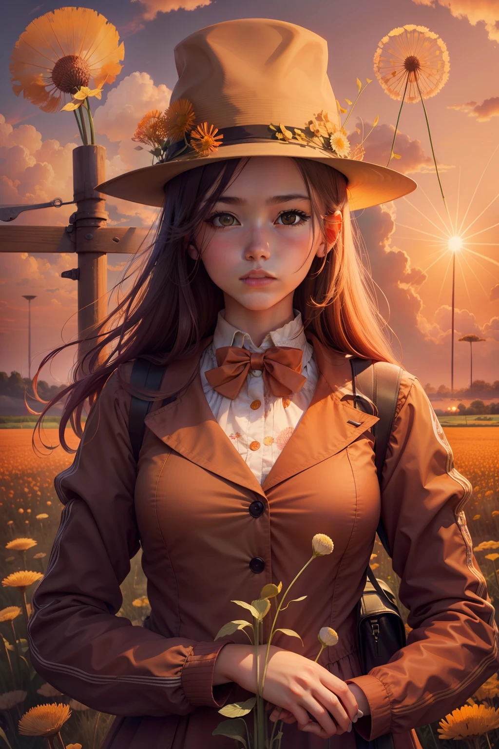 Young girl blowing dandelions in a field overgrown with dandelions at sunset,orange colors、Red and lilac colors fill the sky