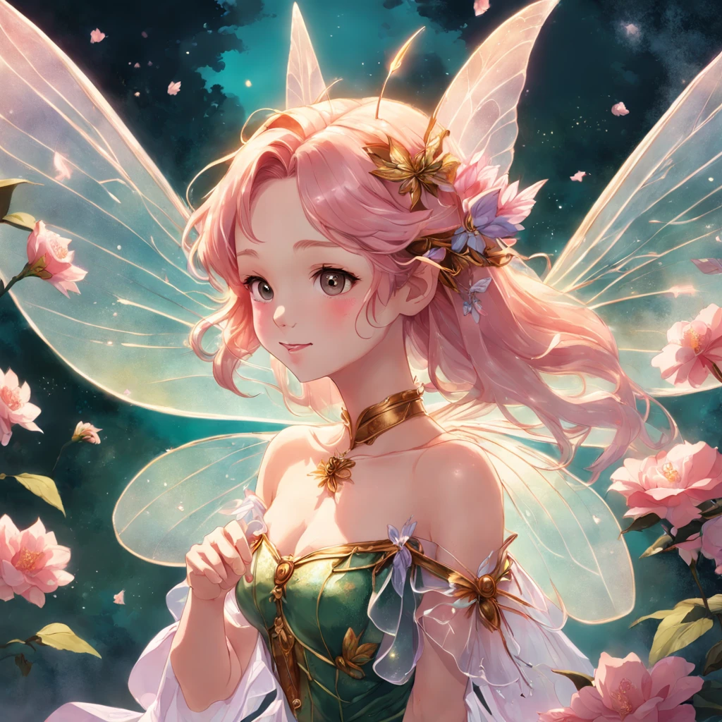 a drawing of a fairy with a rose in her hand,Transparent and lightweight wings like cicada wings,oil shiny skin,Barott style classical garden,Aerial view,Concept art,sky,study of a flower fairy, fairy aesthetics, space flower fairy, faerie, portrait of a fairy, portrait of fairy, smiling as a queen of fairies, queen of the fairies, beautiful fairy, the non-binary deity of spring, fairy queen, elf girl wearing an flower suit, fairylike,Peach blossom, cherry blossom, orchid, hyacinth, plum blossom, rose