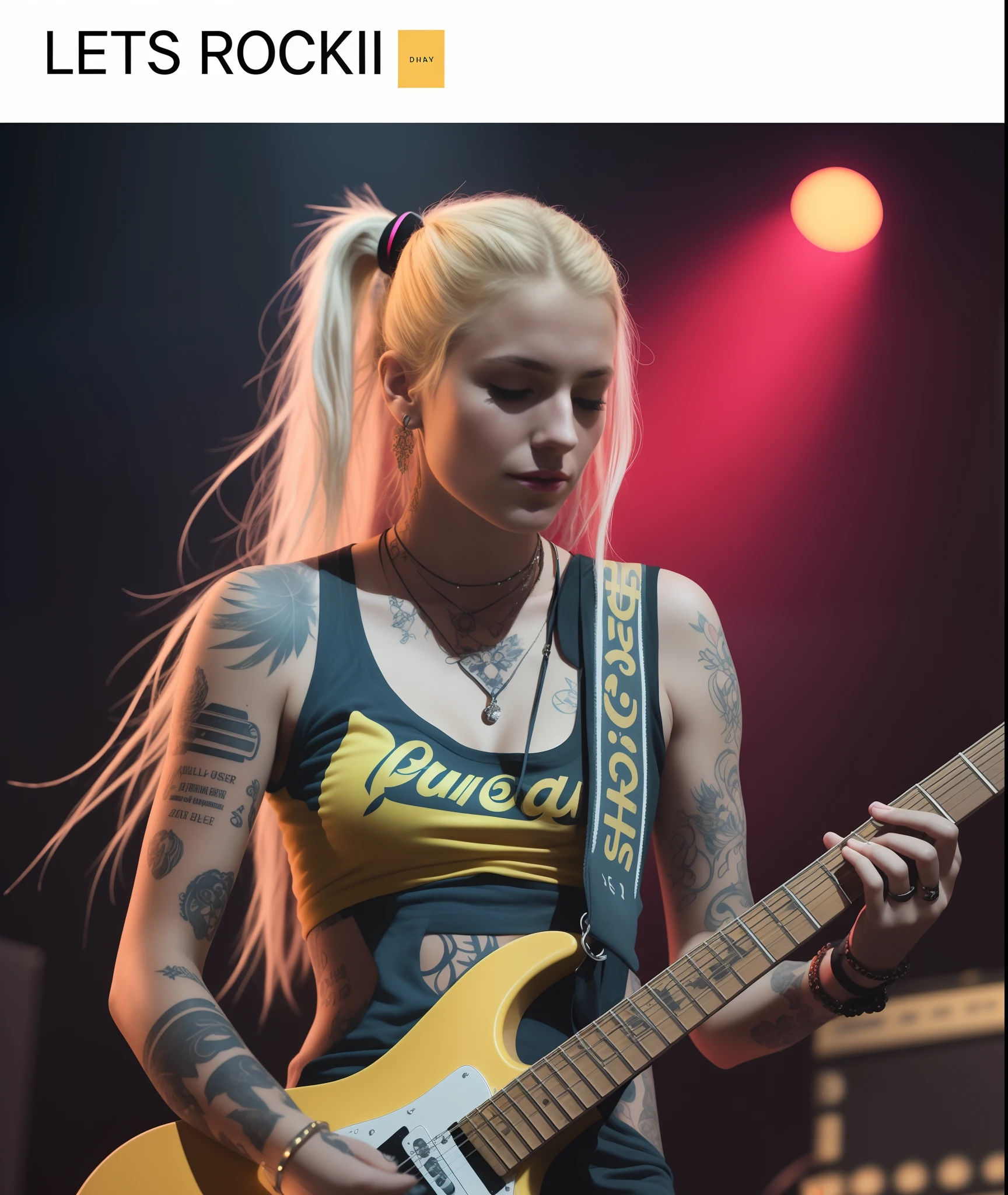 woman with yellow tshirt and sun tattoo on the arm playing a purple guitar on stage, lindsay adler, corinne day, rocking out, playing guitar onstage, ryan kiera armstrong, taken in 2 0 2 0, karolina cummings, guitarist, angie glocka, diesel punk female, taken in 2022, dreamy rock girl, arian mark, loreta lux, rectangle