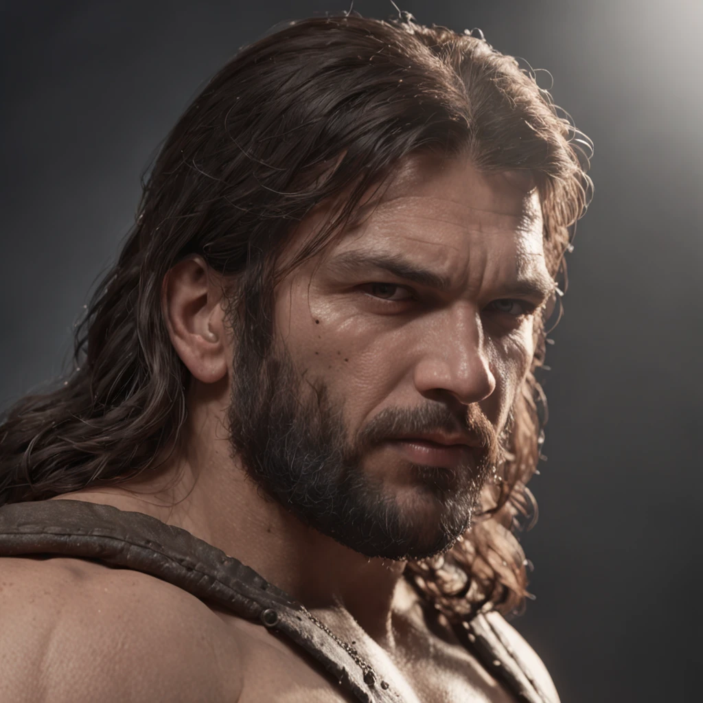 (Professional 3D rendering:1.3) de (Realistic:1.3) Foto de arte mais bonita do mundo，Features soft, bright male heroes, ((Epic hero fantasy rough muscular man wet hero angry look long hair short beard and fierce expression in dynamic pose, fantastic location, majestoso ambiente desordenado)), corpo inteiro 8k unidade render, action shot, poros da pele, very dark lighting, sombreamento pesado, circunstanciado, Rosto detalhado, (vibrante, fotogrdeia realista, Realistic, Dramatic, Escuro, foco nítido, 8k), (Old leather clothes damaged by bad weather:1.4), ((((Use peles)))), (intrincado:1.4), decadente, (altamente detalhado:1.4), pintura digital, rendering by octane, art stations, Conceito-Arte, liso, foco nítido, illustration, germe da arte, (Loish:0.23), Wlop Ilya Kuvshinov, e Greg Rutkowski e Alphonse Mucha Gracias, (global ilumination, studiolight, Light Volumetric), chuva forte, floating particles, patife, fantasia, Onze, corpo inteiroesbian, ((Fundo escuro e antigo da cidade:1.3)),CGSesociedade,art stations