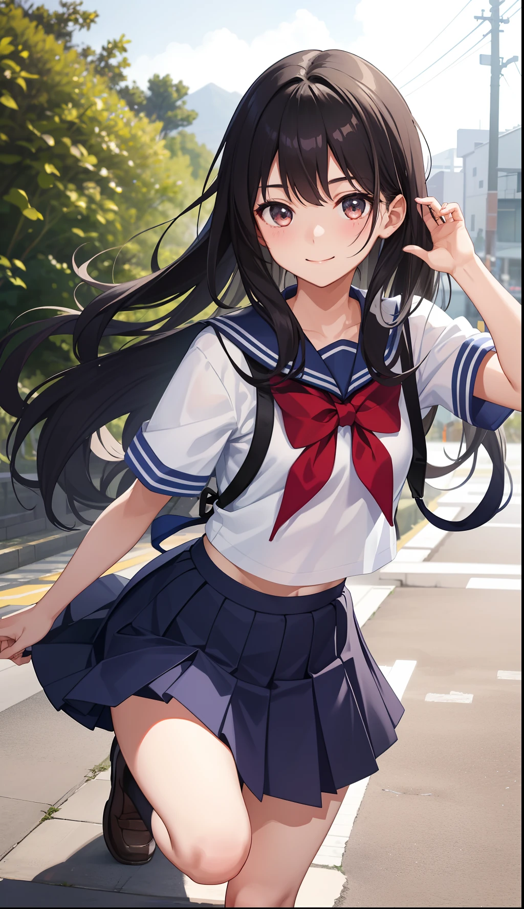 1girl in、A smile、The shirt、skirt by the、（small tits）Chilarism、Japan High School Student Uniform、serafuku、summer clothing、（Sheer Bra）、Upper body portrait、Dynamism!!Running with the wind、Squatting panchira、