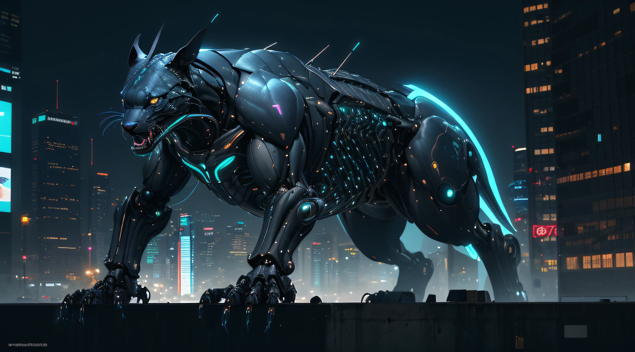 foto de uma pantera((bicho)) futuristica no meio da foto, foto hiper-realista, metalic, Professional photo of a futuristic robotic panther with various modifications, homem montado em uma cela na pantera, metal claws, synthetic fur, bionic hind legs, ((detalhes super realistas)), cybernetic eyes, scientific fiction, fictional scenario science, (noite), Luz Natural, Cyberpunk, cidade futurista, cidade cyberpunk, cidade tokyo,  neon signs, altamente detalhado, (Antecedentes altamente detalhados), Various buildings in background, billboard ads in the background next to buildings, texturas detalhadas, wide angle, chuvoso durante a noite, com luz iridescente, imagens altamente detalhadas, cores vibrantes e bonitas, imagem fotorrealista, 8k, Ultra HD | |, unreal rendering engine, Cinematic lighting,Realistic proportions, filmic grain, Foto RAW, (lateral), master part.