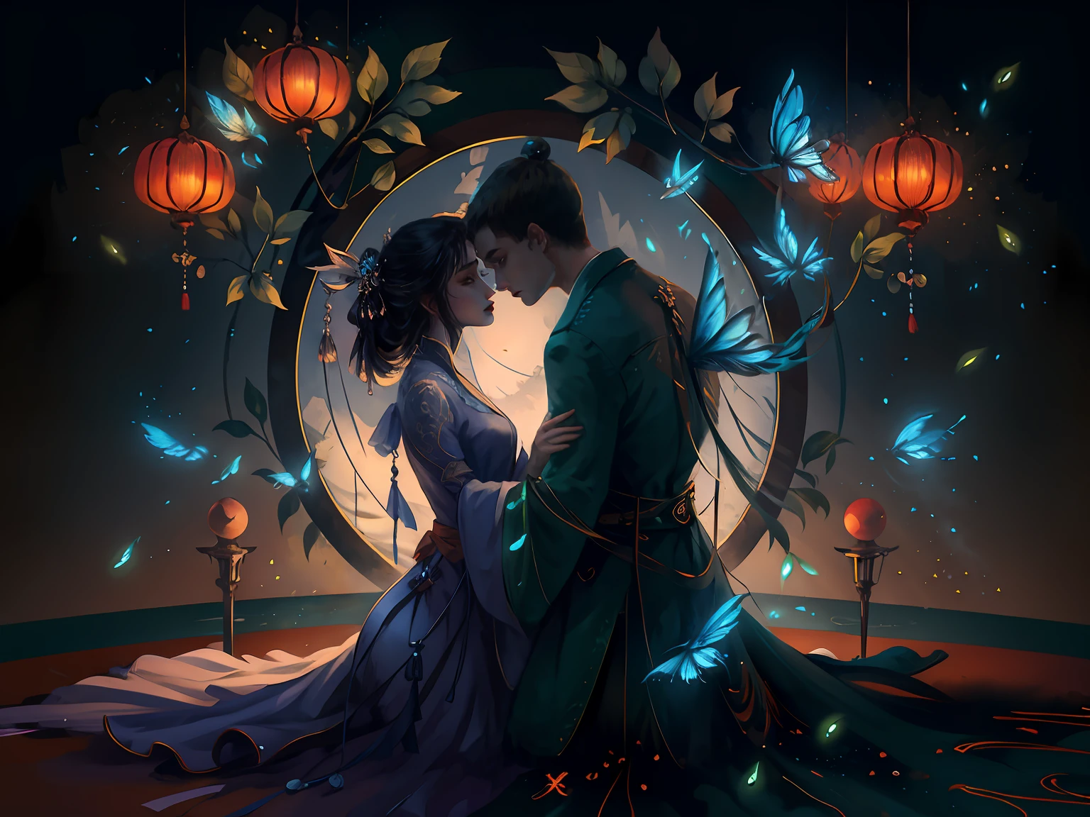 boy1, girl1, holding hands on the bridge, looking at each other, river under the bridge, Chinese costumes, flowers, dark environment, lanterns --auto --s2