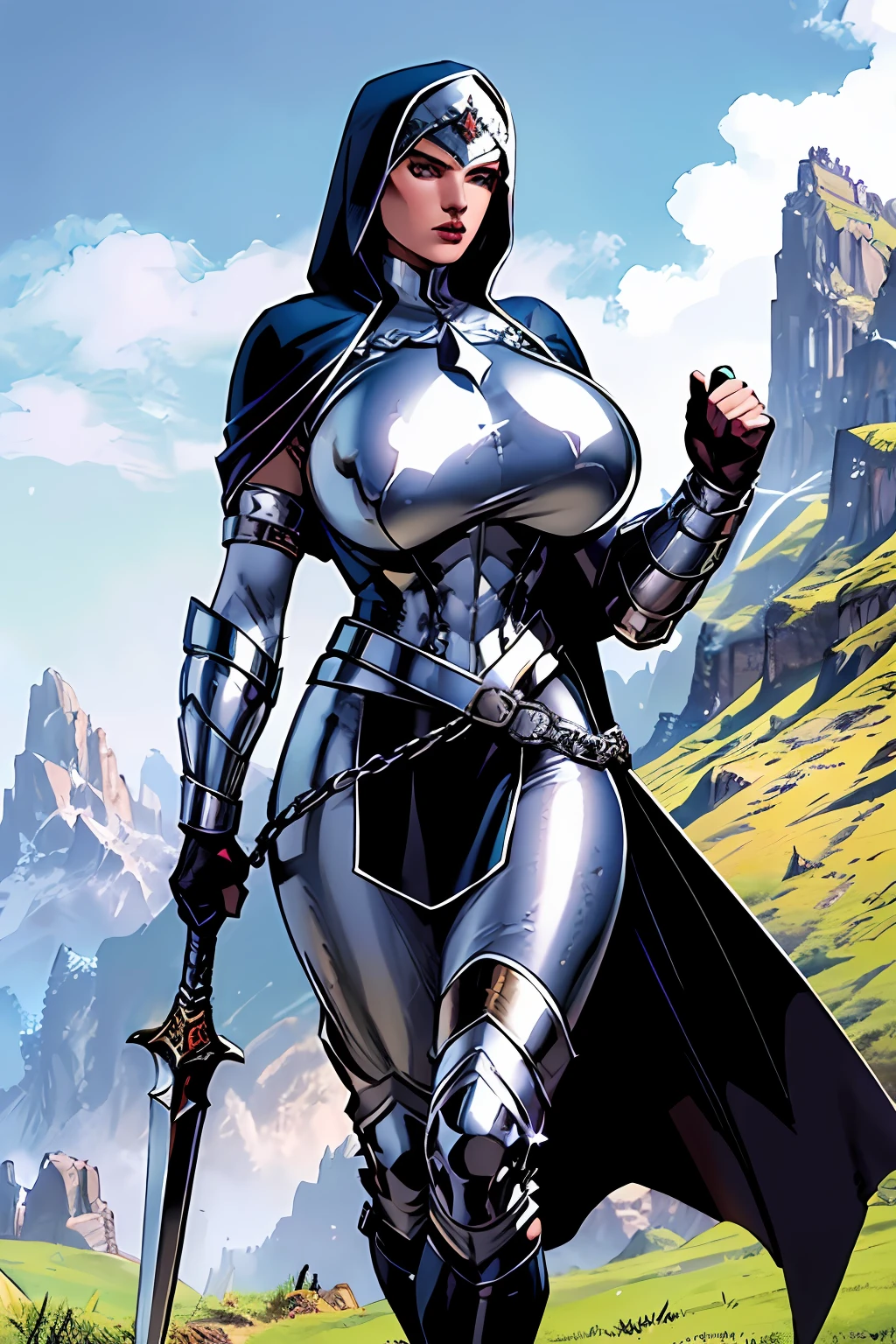 (masterpiece, top quality, best quality, official art, beautiful and aesthetic:1.2), (1girl:1.3), light freckles, fair skin, extremely detailed, portrait, looking at viewer, solo, (full body:0.6), detailed background, close up, (warm grasslands theme:1.1), holy paladin knight, charlatan, smirk, mysterious, swaying in mountains, modest attire, ornate white and gold armor, cowl, nun hood, wimple, cowl, robe, chain mail, chainmail, leggings, chainmail leggings, chain mail leggings, breastplate, tabard, gorget, hood, pauldrons, greaves, armored, long boots, longsword, shield, cape, cloak, white fabric, pale leather, ((((gigantic breasts)))), slim waist, slim hips, long legs, medieval (mountain exterior:1.1) background, dark mysterious lighting, shadows, magical atmosphere, dutch angle,