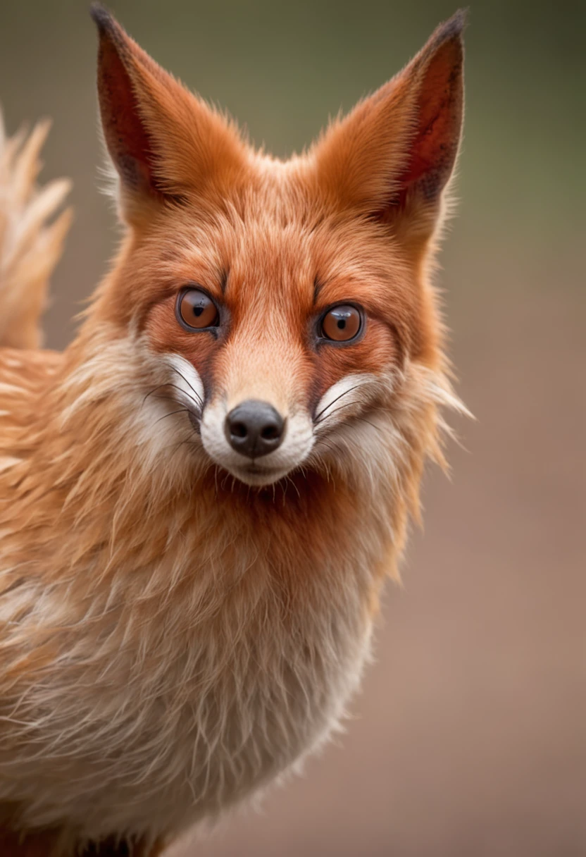 red fox with blood on the mouth, and a chicken face hunting from its mouth,illustration,run,personification