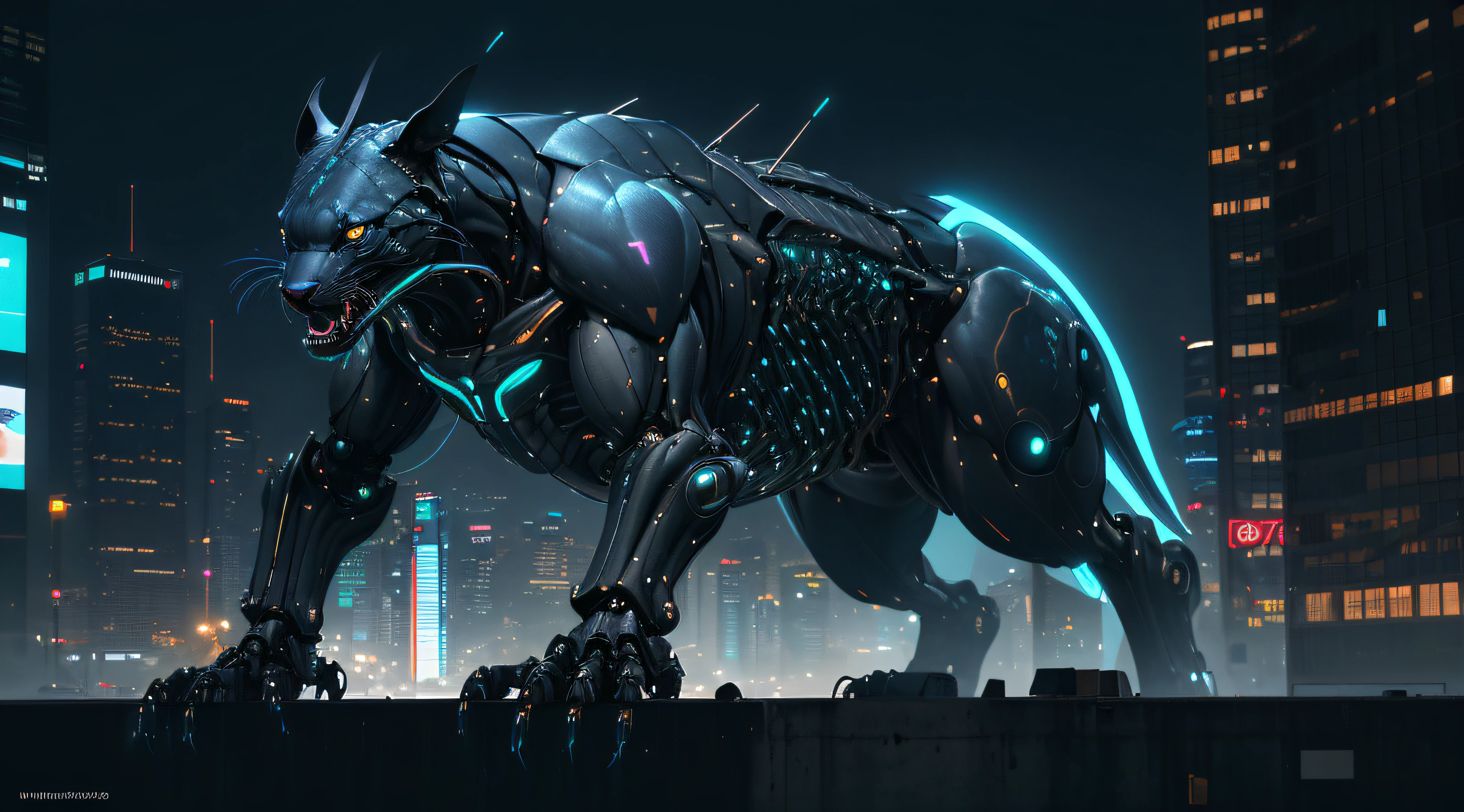 foto de uma pantera((bicho)) futuristica no meio da foto, foto hiper-realista, metalic, Professional photo of a futuristic robotic panther with various modifications, homem montado em uma cela na pantera, metal claws, synthetic fur, bionic hind legs, ((detalhes super realistas)), cybernetic eyes, scientific fiction, fictional scenario science, (noite), Luz Natural, Cyberpunk, cidade futurista, cidade cyberpunk, cidade tokyo,  neon signs, altamente detalhado, (Antecedentes altamente detalhados), Various buildings in background, billboard ads in the background next to buildings, texturas detalhadas, wide angle, chuvoso durante a noite, com luz iridescente, imagens altamente detalhadas, cores vibrantes e bonitas, imagem fotorrealista, 8k, Ultra HD | |, unreal rendering engine, Cinematic lighting,Realistic proportions, filmic grain, Foto RAW, (lateral), master part.