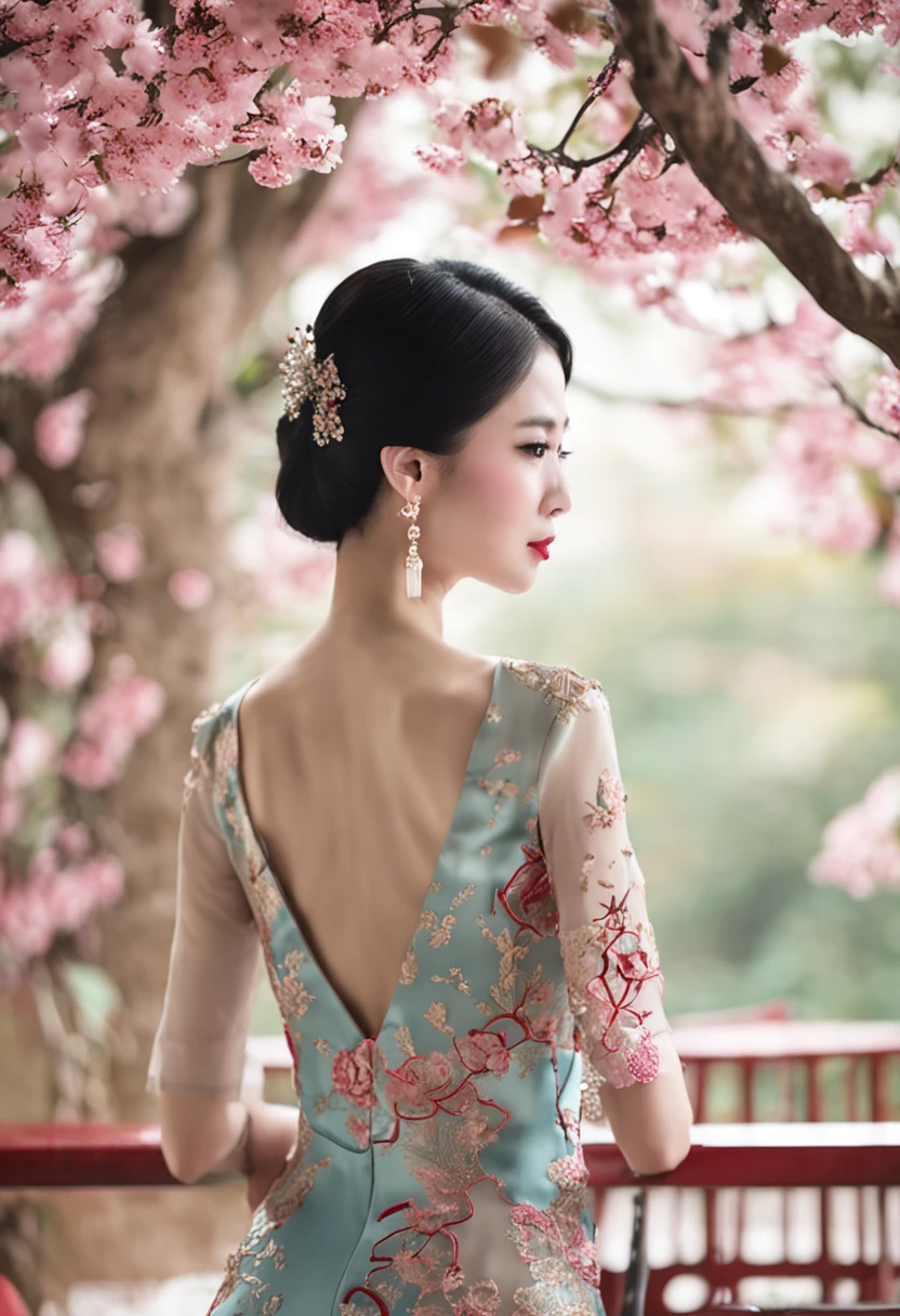 Under the brilliant light of the Oriental Pearl,A beautiful woman wears an embroidered cheongsam,Exudes an exotic charm。Her cheongsam is embroidered with delicate flower and bird motifs,Colorful threads fit together,It's like beating notes。Her light figure swayed in the breeze,Like a white lotus blooming in the pond of the eastern capital。The blue cheongsam accentuated her slender waist and slender legs,The slightly open neckline reveals her fair and smooth skin,The perfect body shape is intoxicating。Her black hair was cloudy,Secured to sideburns by pearl hairpins,The slight strands of hair fluttered with her movements,It's like a star,Contrast with her smiling eyes。This oriental beauty is exotic with her elegant and charming temperament and embroidered cheongsam,Attracts the attention of all pedestrians,Become the most eye-catching existence of the Oriental Pearl。