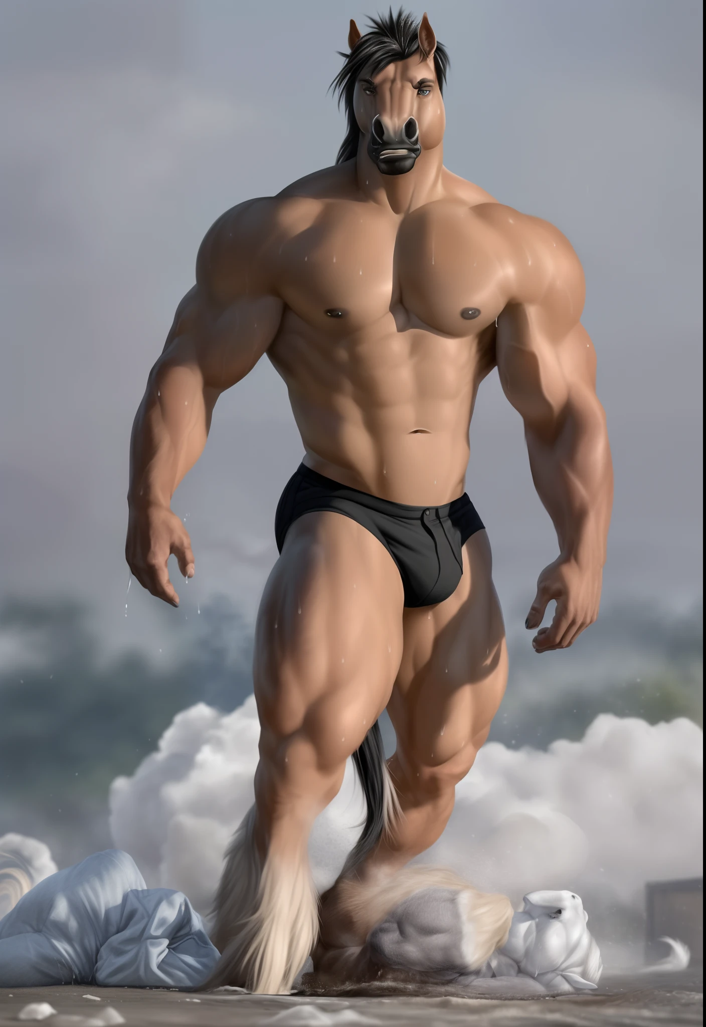 (A muscular, handsome anthro horse with a heavy build and grey fur stands before you. His darker snout and forearms contrast beautifully with his black mane. He gazes at you with a kind expression as he struggles under the weight of his overloaded cargo shorts, sweat pouring down his chest and soaking into the denim. He looks exhausted but determined to finish his task.)