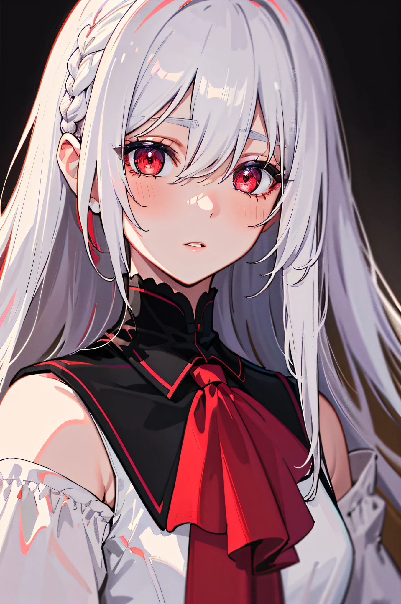Long white hair, yellow eyes, evil, sexy, black and red clothes, cute hairstyle, evil face, evil, serious look, gloss lips, sinister, front look, bloody, gloves, (((half-body portrait))), beautiful eyes, short dress, big white, dark place, night, sensual, straight hair cut, clear skin, evil, young 30 years girl, adult girl, solo, red, very long hair, (((Older mature woman)))