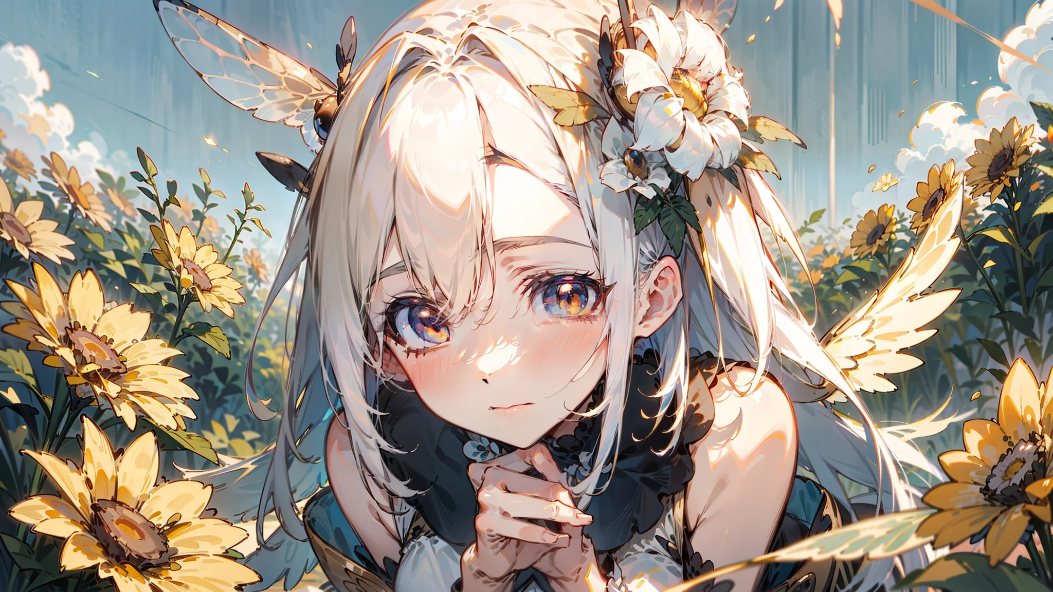 illustration，exquisitedetails，Look up，Anthropomorphic bee girl，Shoulder-length white hair，Golden eyes，Timid eyes，microcosmic，Hide among the flowers，on focus，dingdall effect，suns，Blue sky，White ****ta，Translucent wings