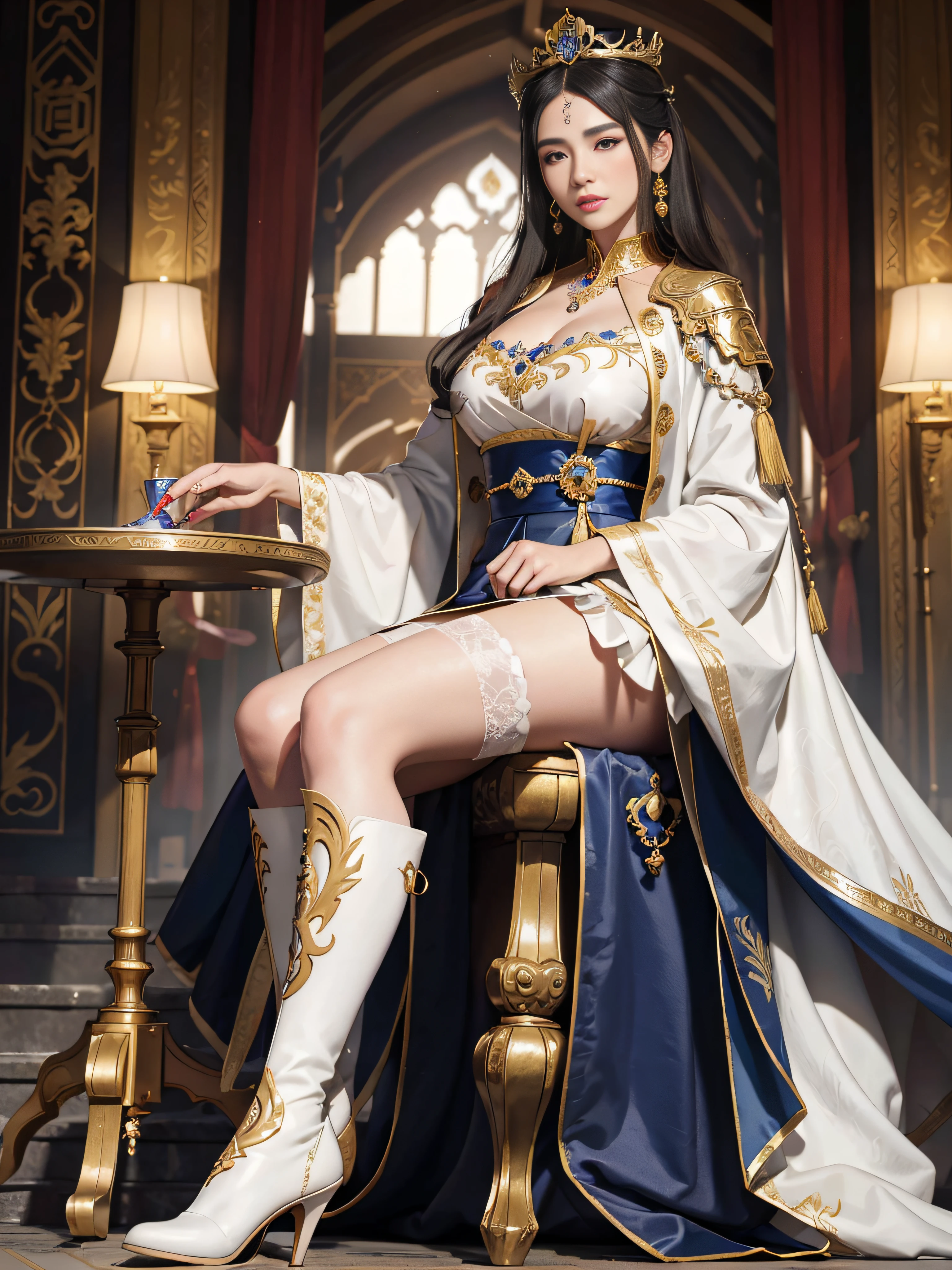 a mature female,Oriental women,Emperor,A queen,tmasterpiece,full bodyesbian,standing on your feet,best qualityer,Fine and detailed eyes and detailed face,garments:Wearing royal dragon robes,Wearing a phoenix crown on his head,Wear straight boots,The collar leaks over the knee white socks,allure:Melon seed face,Full cheeks,The bridge of the nose is high,Slender eyebrows,Big and God's eyes,Straight height,Apply lipstick,haughty、A majestic countenance,Beautiful face,Full-figured,Scenes:Inside the ancient royal palace,ancientry。