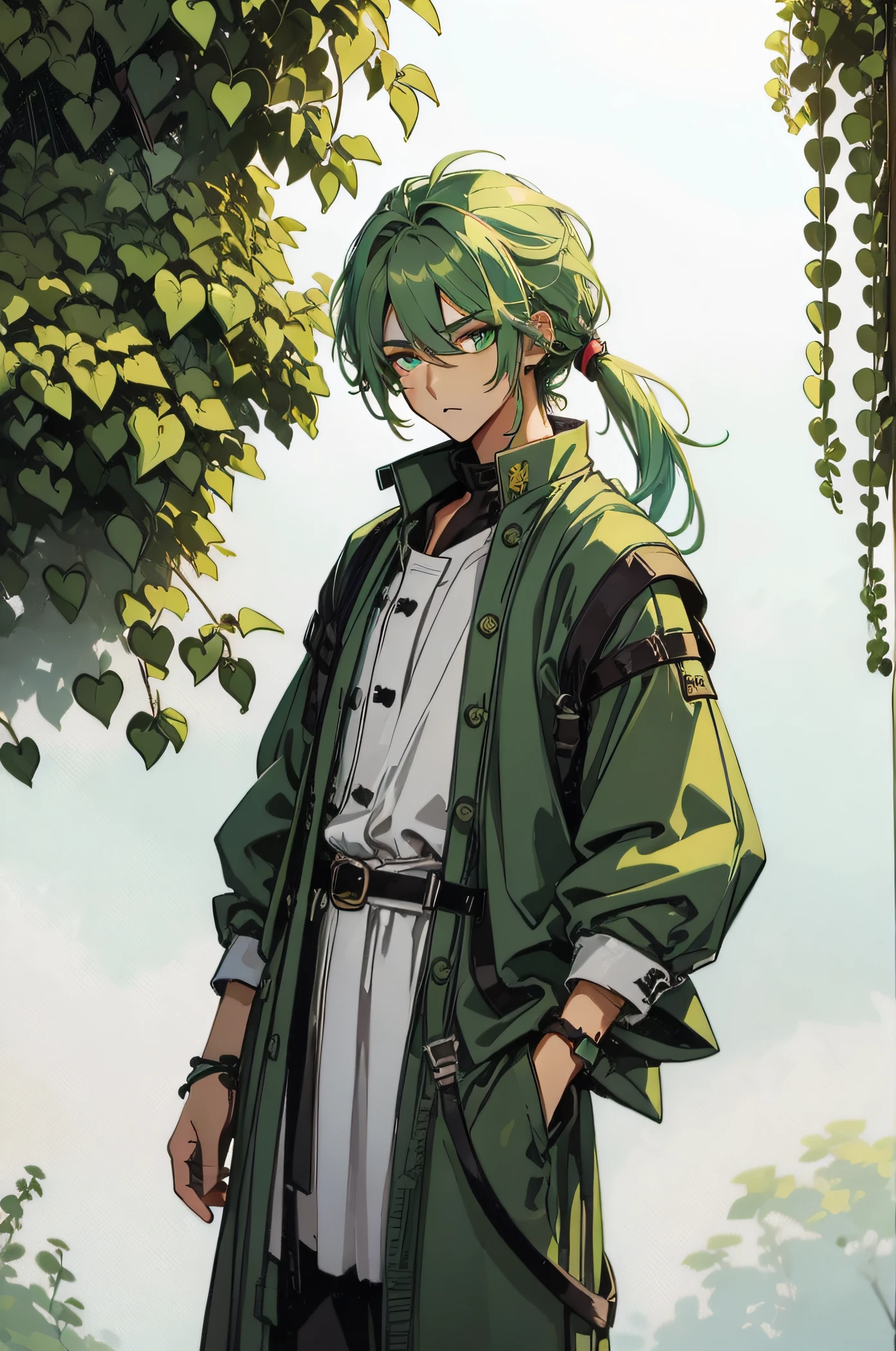 20-year-old male、Hairstyle is center part、Hair color gradation from green to white、Naughty look, clothes are Western and modern。European background