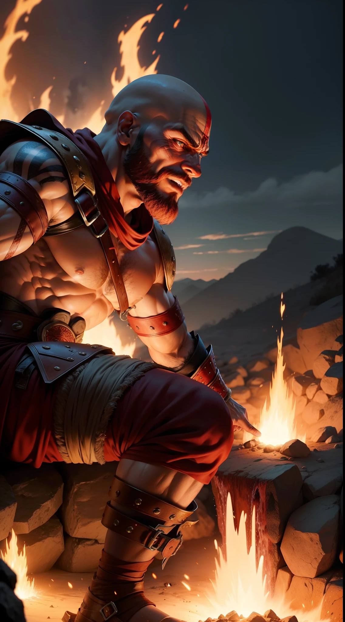 One-eyed giant is rampaging and destroying, Cyclops, he is muscular and huge, his single eye is round and bloodshot, he gets lost in anger, he is very rough and brutal, ancient Mycenae, Greek mythology, savage and primitive atmosphere, HDR, photorealistic, masterpiece, 8K