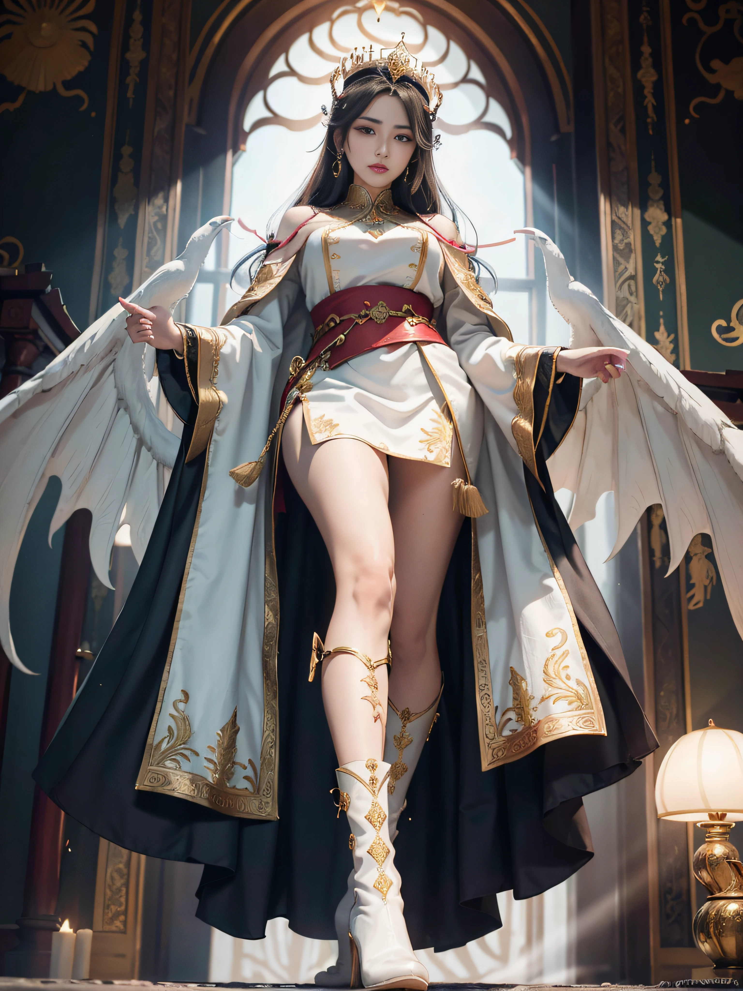 a mature female，Oriental women，Emperor，A queen，tmasterpiece，full bodyesbian，standing on your feet，best qualityer，Fine and detailed eyes and detailed face，garments：Wearing royal dragon robes，Wearing a phoenix crown on his head，Wear straight boots，The collar leaks over the knee white socks，allure：Melon seed face，Full cheeks，The bridge of the nose is high，Slender eyebrows，Big and God's eyes，Straight height，Apply lipstick，haughty、A majestic countenance，Beautiful face，Full-figured，Scenes：Inside the ancient royal palace，ancientry。