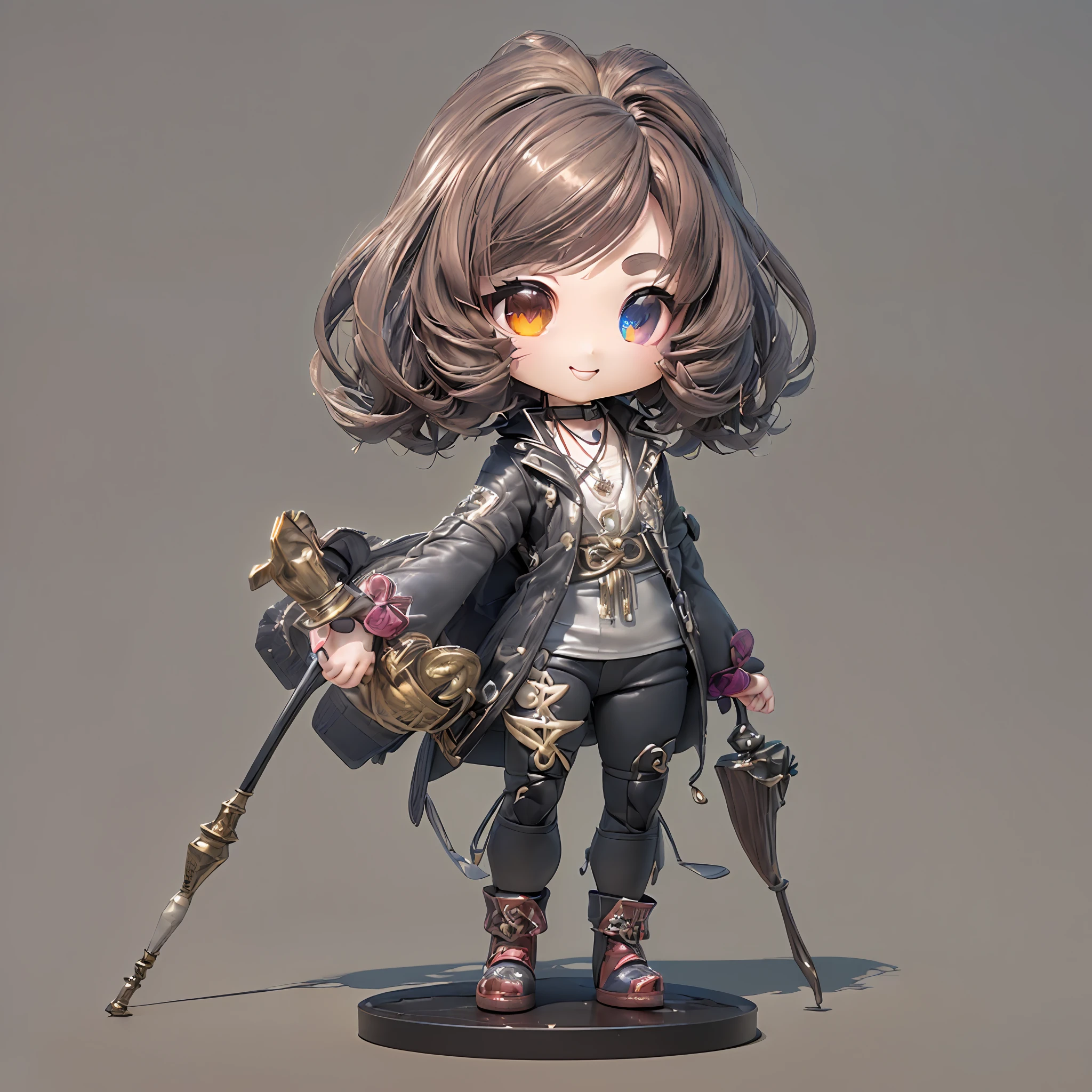(Chibi:1.5)((masutepiece, of the highest quality, Watercolor art (Pendants), Beautiful and aesthetic: 1.2)), (Golden ratio: 1.2), (Full body: 1.2), (Super Detail: 1.3), (1 persons:1.5)、(1 girl: 1.3), (Fractal Art: 1.3), (Glitter Pupil)),(Brown hair: 1.2)),  (Heterochromia), (Colorful: 1.5), (((Shy face)),  (full body Esbian), (Hyper-detailing), ((delicate detail)), (intricate-detail), ((Cinematic Light, Highest quality backlight)), High contrast, ((The best lighting, Very delicate and beautiful)), (( Cinematic Light)), (ray trace reflection, Glow), (((glowing aura)), ((Glowing hair)), ((Super Detail)), (8K)), ((a closeup)),  ((Seductive smile)) ,((FULL BODYSHOT))、(Chibi:1.5)、(3D Rendering:1.5, Plastic Texture:1.5, Chibi deformation:1.5, Full body, Front view:1.5),（Cane in hand:1.5、Black Wizard Robe:1.5,Braids:1.5)