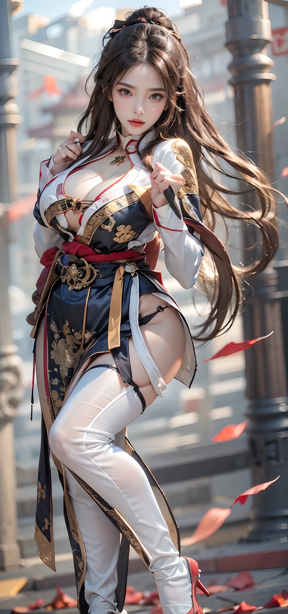 photorealistic, high resolution, 1women, mature female, solo, blue eyes, hips up, jewelry, tattoo, maims, large breasts, pelvis curtain, red japanese clothes, revealing clothes, cleavage, rope, sash, back view