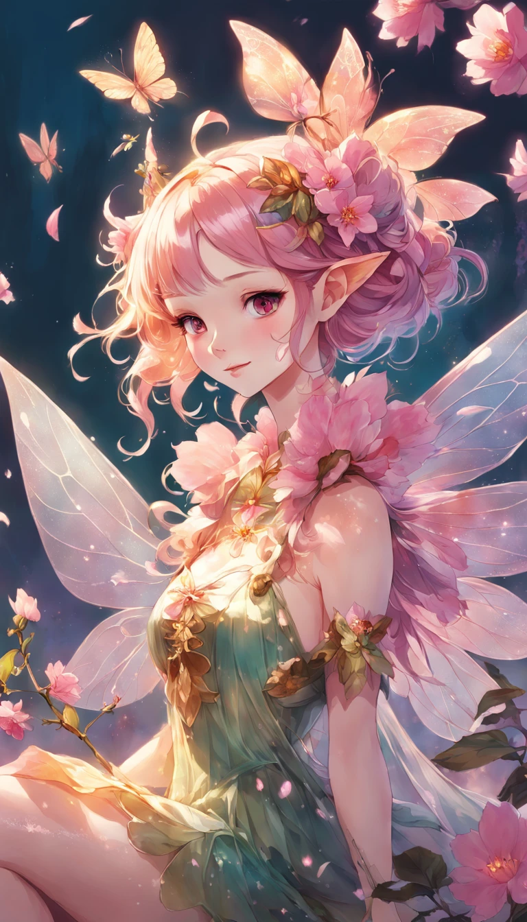 a drawing of a fairy with a rose in her hand,Transparent and lightweight wings like cicada wings,oil shiny skin,Barott style classical garden,Aerial view,Concept art,sky,study of a flower fairy, fairy aesthetics, space flower fairy, faerie, portrait of a fairy, portrait of fairy, smiling as a queen of fairies, queen of the fairies, beautiful fairy, the non-binary deity of spring, fairy queen, elf girl wearing an flower suit, fairylike,Peach blossom, cherry blossom, orchid, hyacinth, plum blossom, rose,anime girl with colorful hair and butterfly headpiece with butterflies, dreamy psychedelic anime, a beautiful artwork illustration, by Yuumei, decora inspired illustrations, digital art on pixiv, beautiful anime art style, colorful illustration, pixiv style, anime style illustration, anime style artwork, by Ay-O, anime styled digital art, ethereal flowerpunk