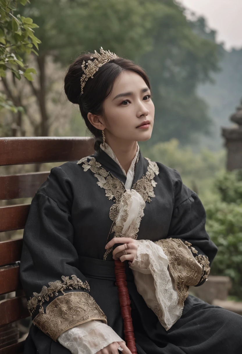 A panda in a suit,adorned in majestic attire,Sit on a bench,There is a handbag, Melancholy looked into the distance,With your back to the camera,shot from a far distance,best qualityer, cinematic Film still from, 8K分辨率,Cinematic lighting,best qualityer,Detail light,parks